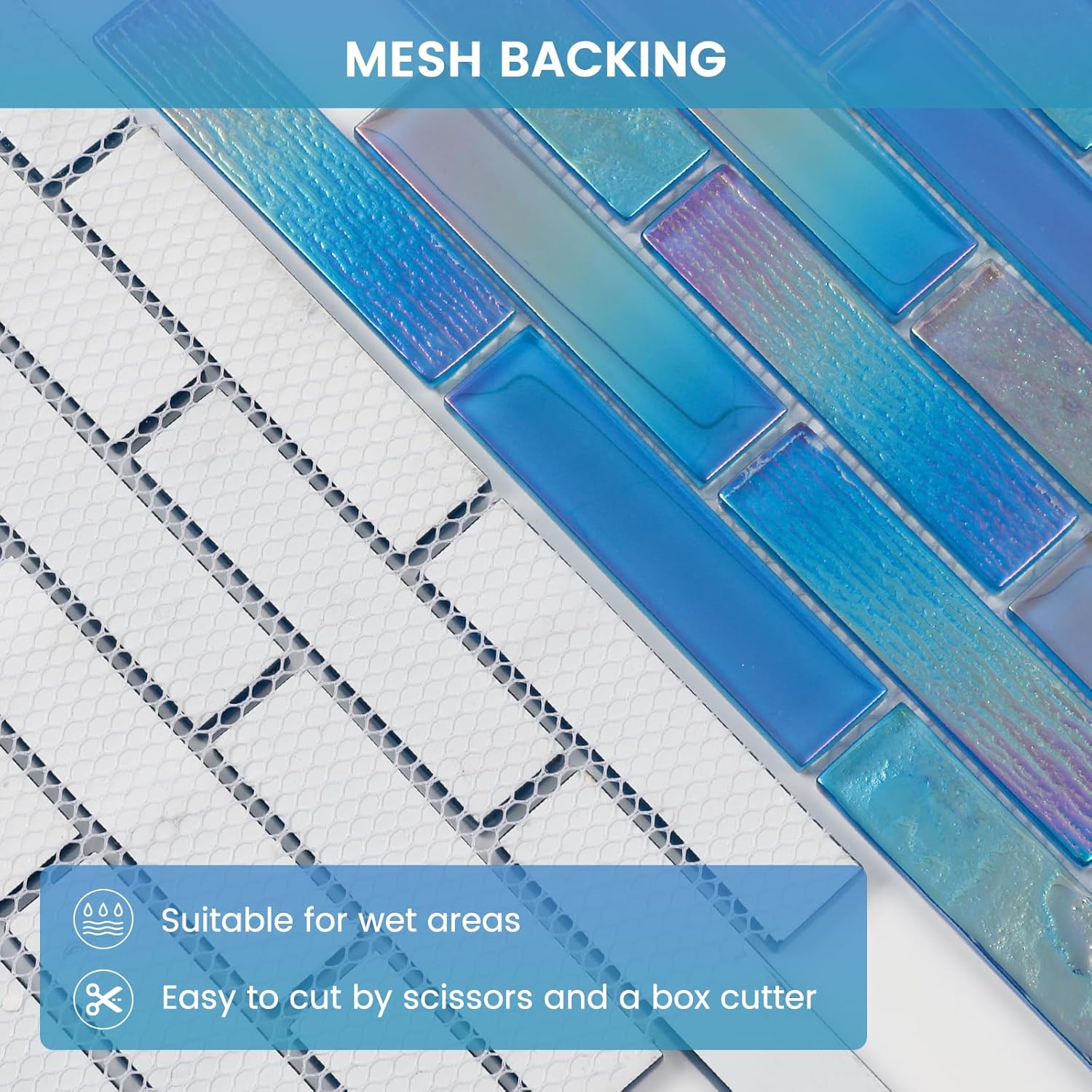 Glass Mosaic Tile Backsplash Fantasy Blue 12 x 12 Inch Glossy Pool Glass Tile for Swimming Kitchen Bathroom Shower Waterline Fountain Spa Wall (Long Mosaic Sheet,5-Pack,5 sq.ft.)
