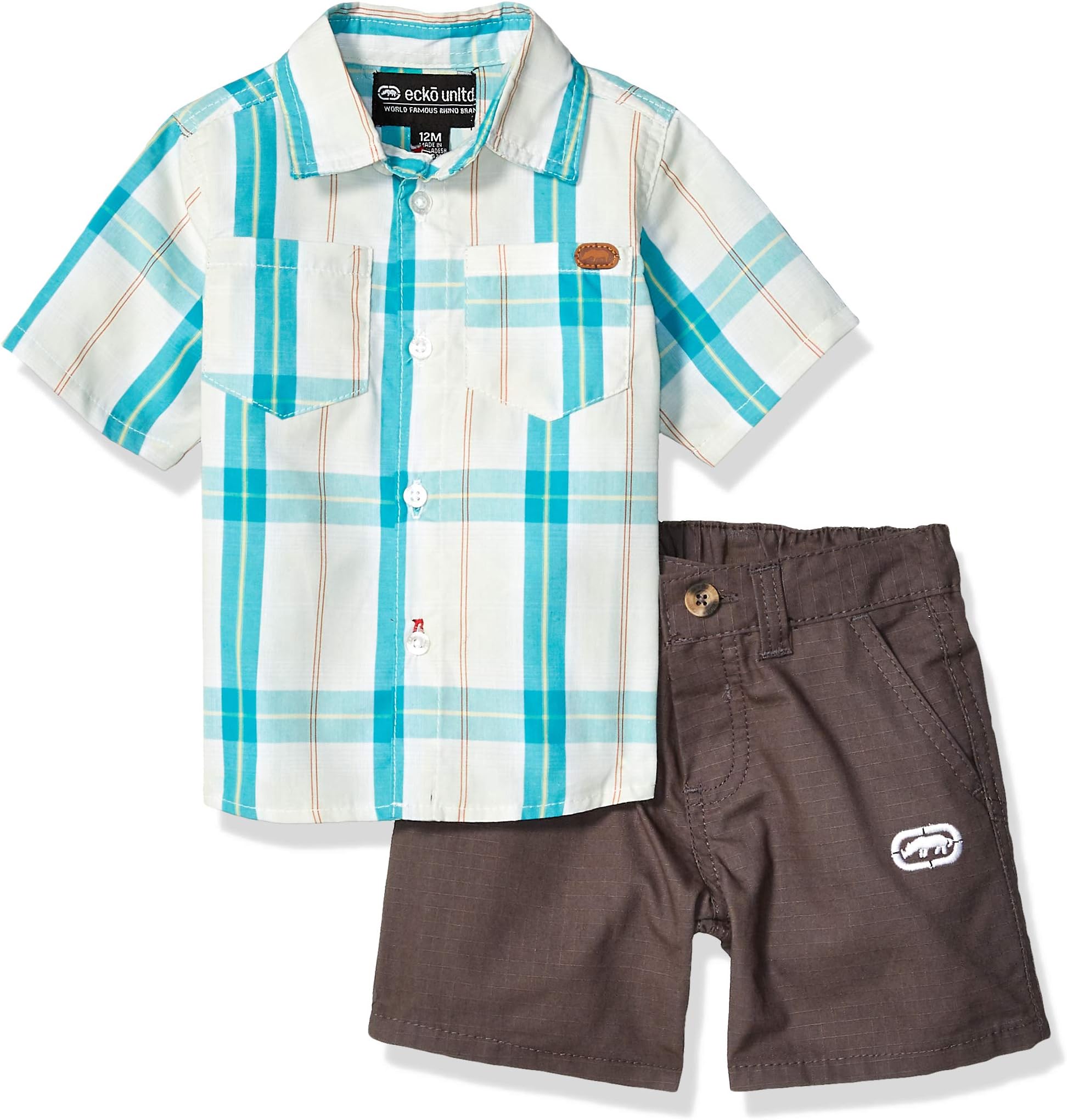 Ecko Baby Boys Sleeve Plaid Woven Shirt and Short Set, Green, 18M