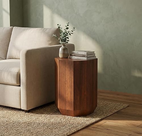 Miniatura 23 de Lyra - Mesa auxiliar redonda de mármol – Estante de madera de acacia maciza, mesa auxiliar de almacenamiento abierta para sala de estar, dormitorio,