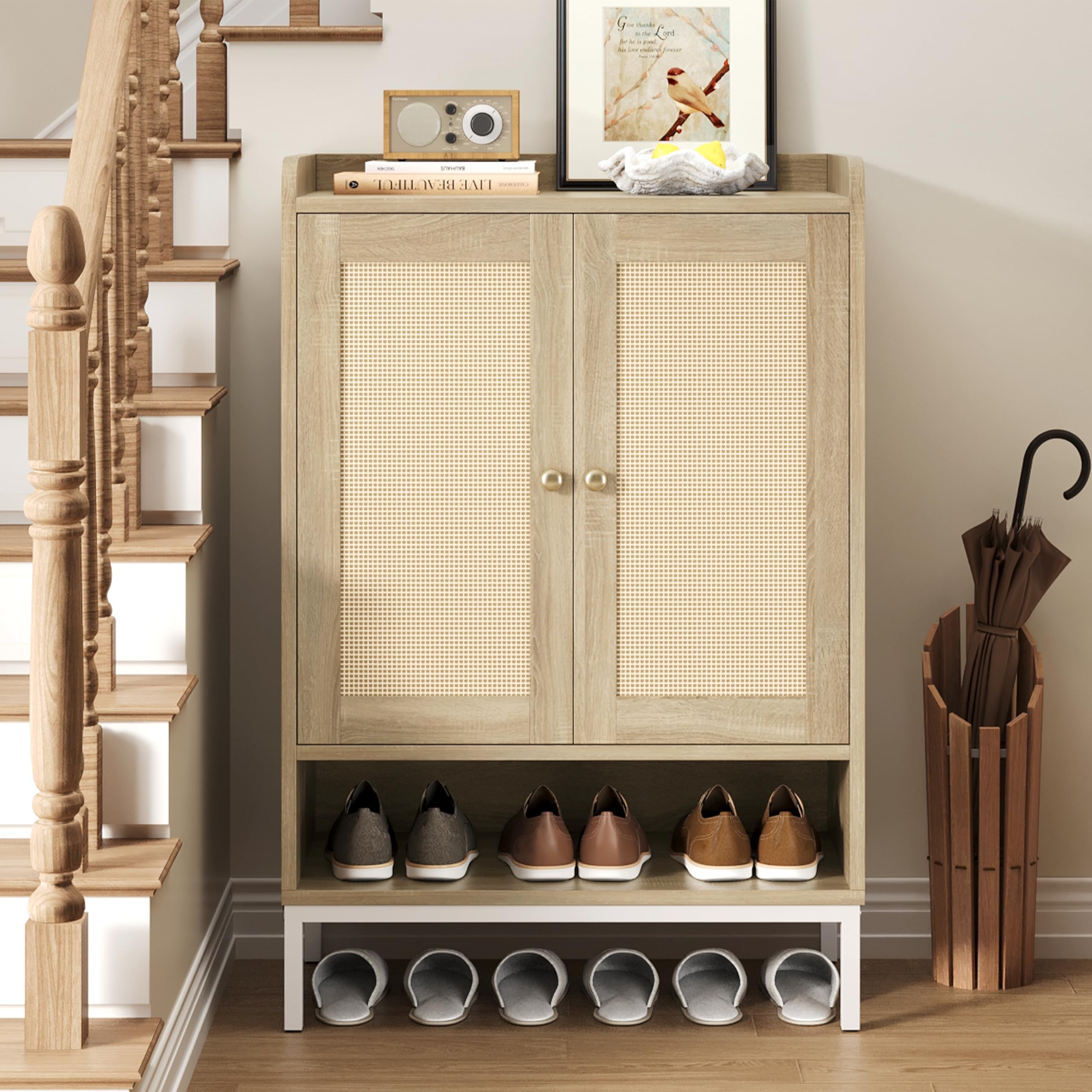 YITAHOME Rattan Shoe Cabinet With Adjustable Shelves - Tall Entryway Organizer With Magnetic Doors, Caramel Oak