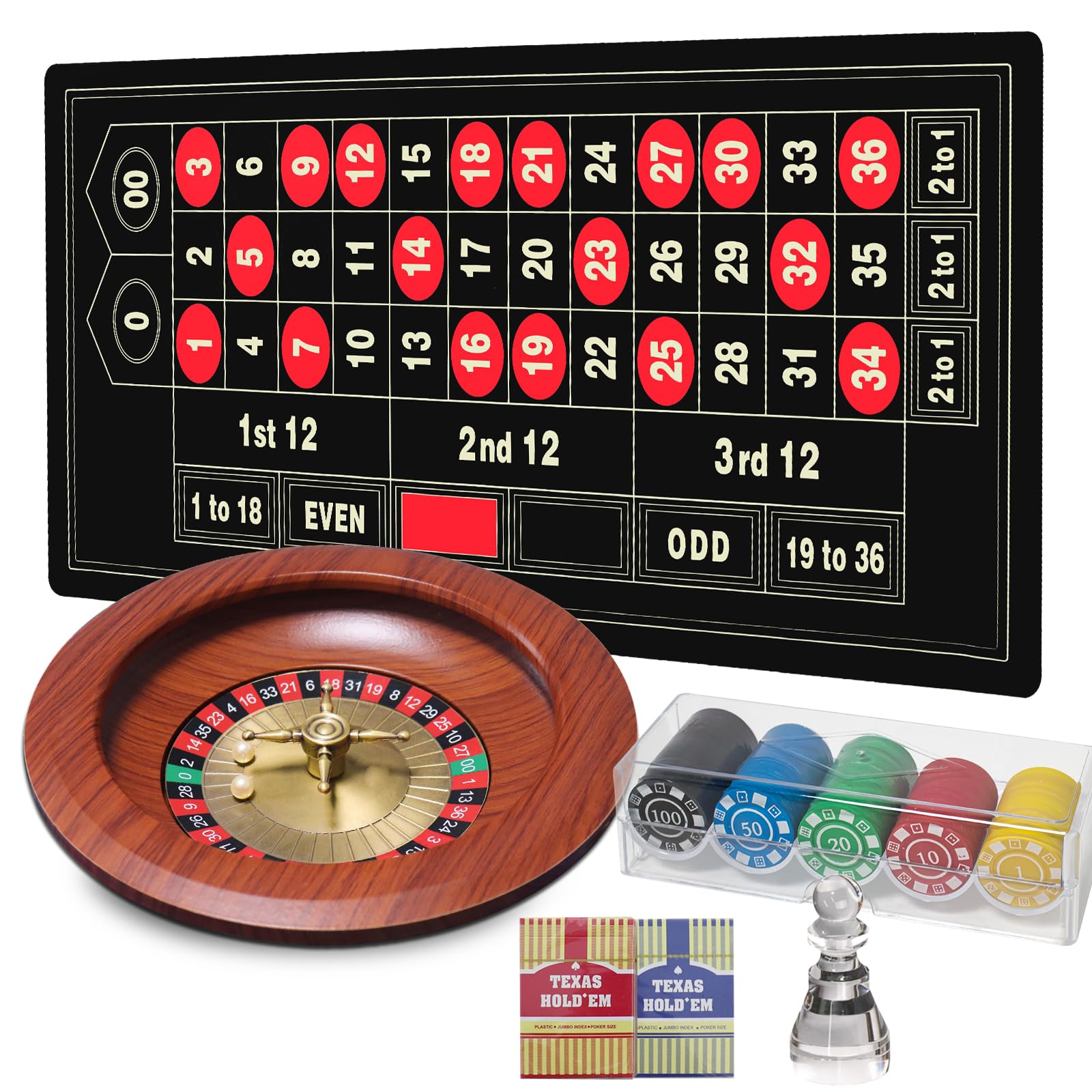 12” Roulette Wheel Game Set, Roulette Table and Wheel,12” Wood Roulette Wheel, 47” x 24” Rubber Roulette Mat, 100PCSRoulette Chips Dealer Button 2 Decks of Poker, Casino Games Night Party for Adult