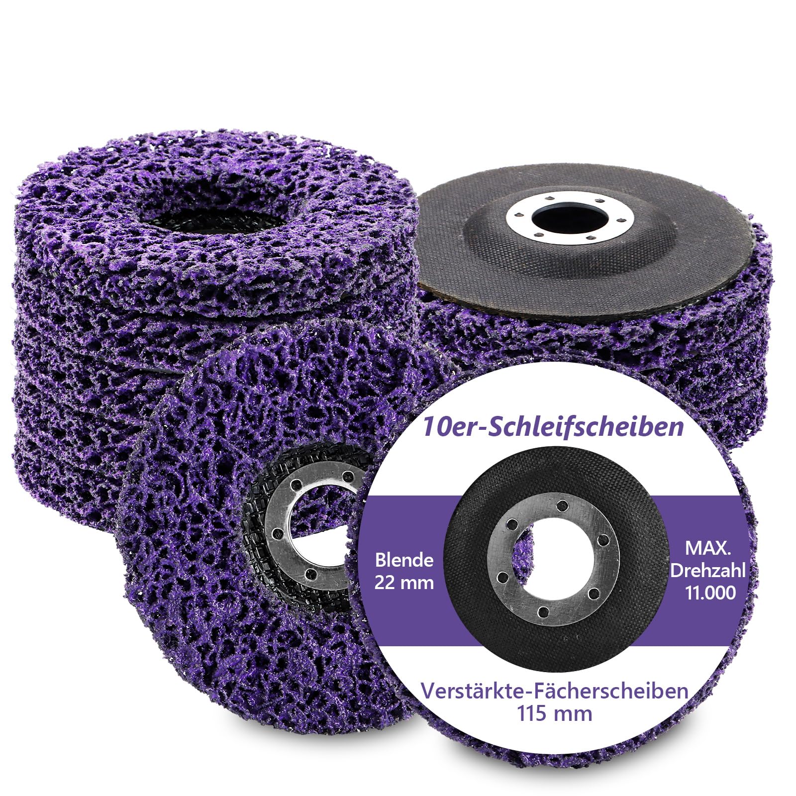 10 Pezzi Dischi Abrasivi 115 mm Foro 22 mm, Dischi per Smerigliatrice Angolare Viola, Rimozione Ruggine, Vernice e Levigatura per Metallo, Fai da Te e Officina