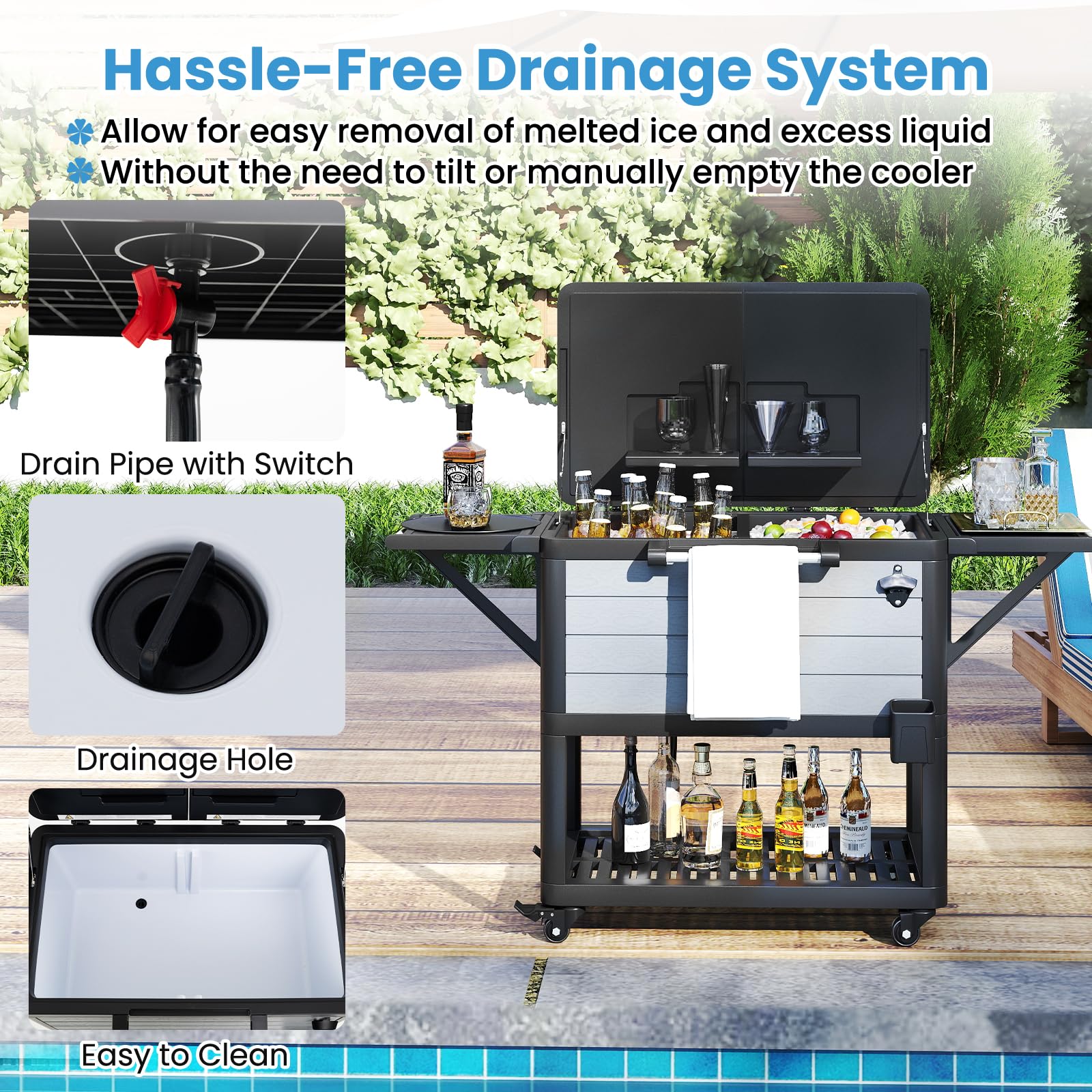 SOARS - Refrigerador con ruedas (91 L, barra exterior móvil, 83 x 50 x 85 cm, con separador extraíble, 2 estantes laterales plegables, 4 ruedas universales, para jardín, terraza, piscina