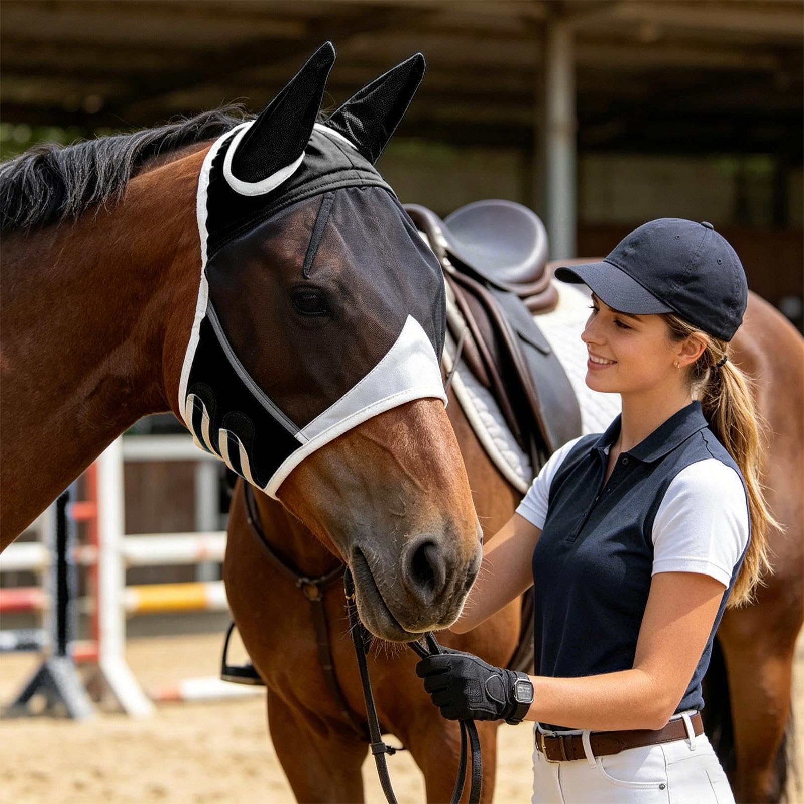 Masque Anti-Mouches pour Cheval | Tissu Respirant Protection UV - avec Oreilles Sangle Élastique Large Espace pour Les Yeux Demi-Masque - pour bétail, Vaches, Ferme, Toutes