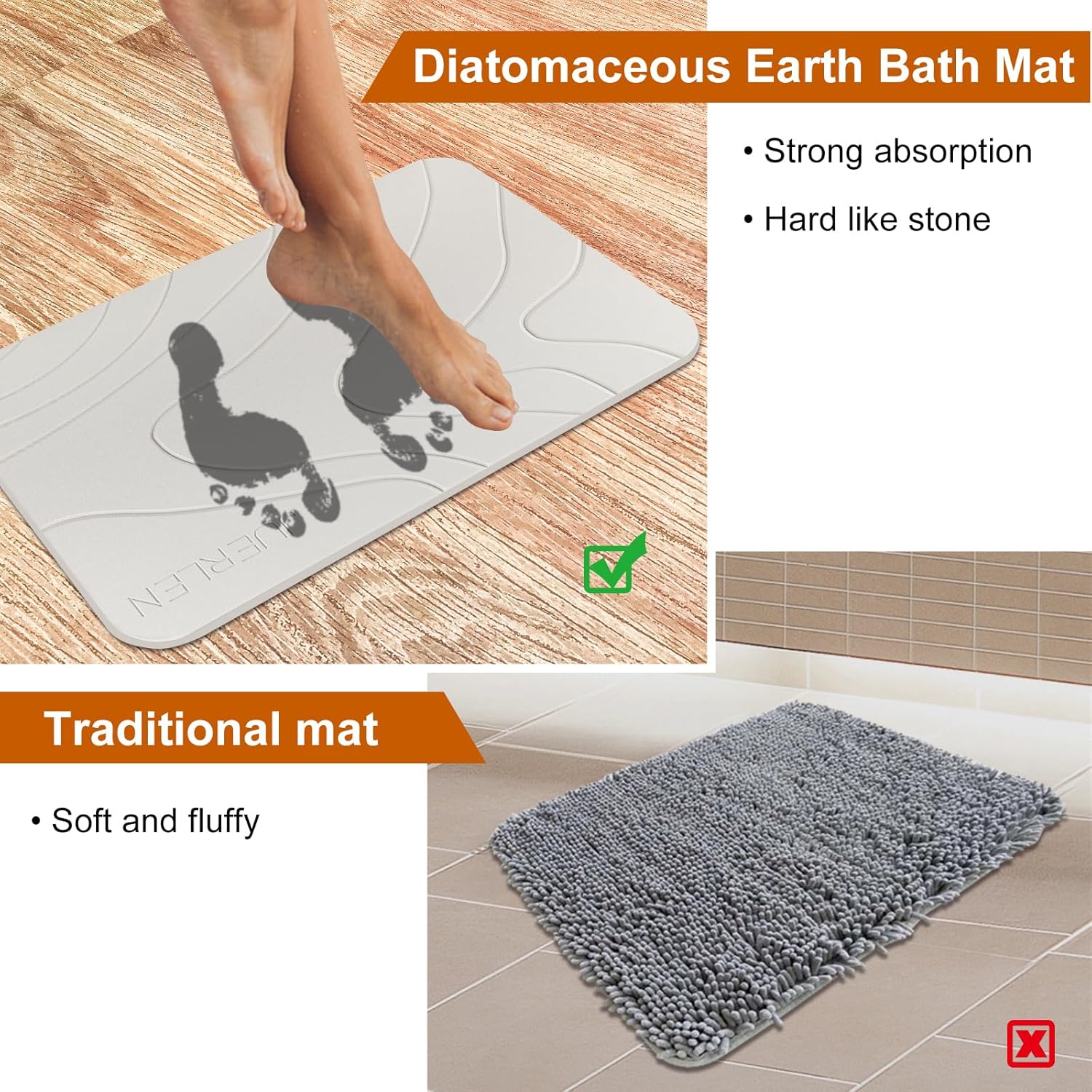 2 Pack Diatomaceous Earth Shower Mat, Stone Bath Mat, Nonslip Super Absorbent Fast-Drying Hard Bath Mat for Bathroom Shower Floor, 24 x 16 inch, Pallid Wave Design
