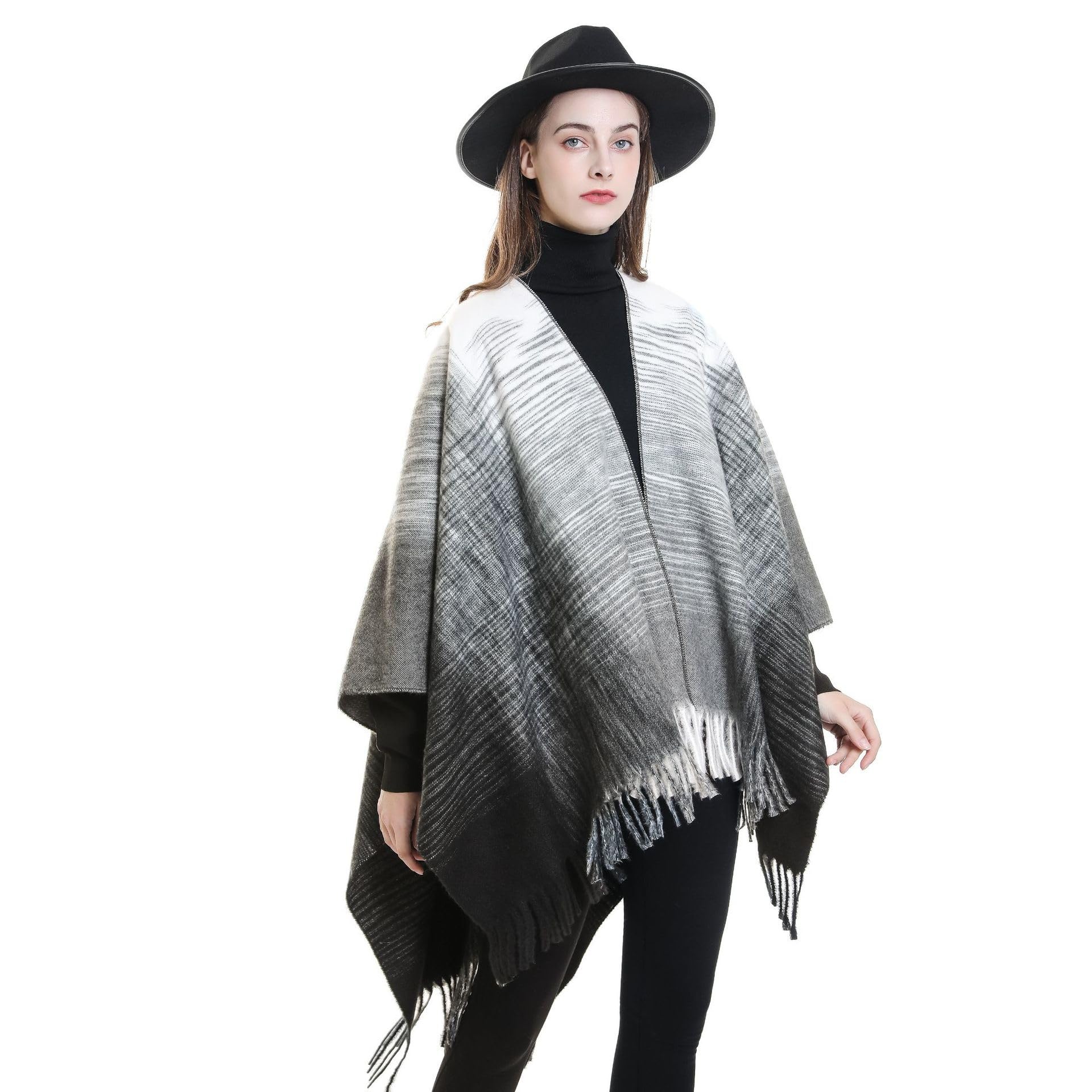 Autunno Inverno Plaid Tassel Scialle Donna Caldo Cardigan Poncho Donna Mantella Larga sopra Cappotto (Bianco DP2923 Taglia Unica)
