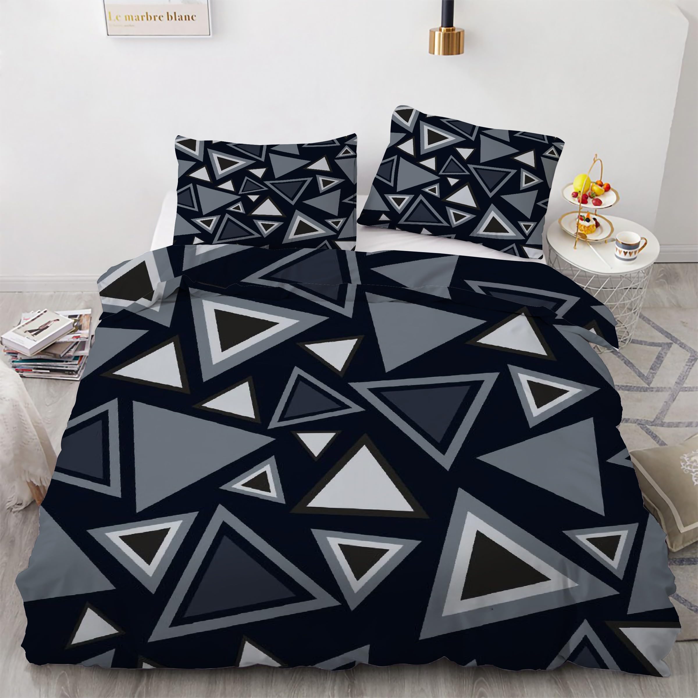 Copripiumino Matrimoniale 240x220 Immagine Geometrica Nera Triangolo Biancheria da Letto Morbido Microfibra Copri Piumone e 2 Federe Abbinate, con Zip, Ipoallergenico HR2321