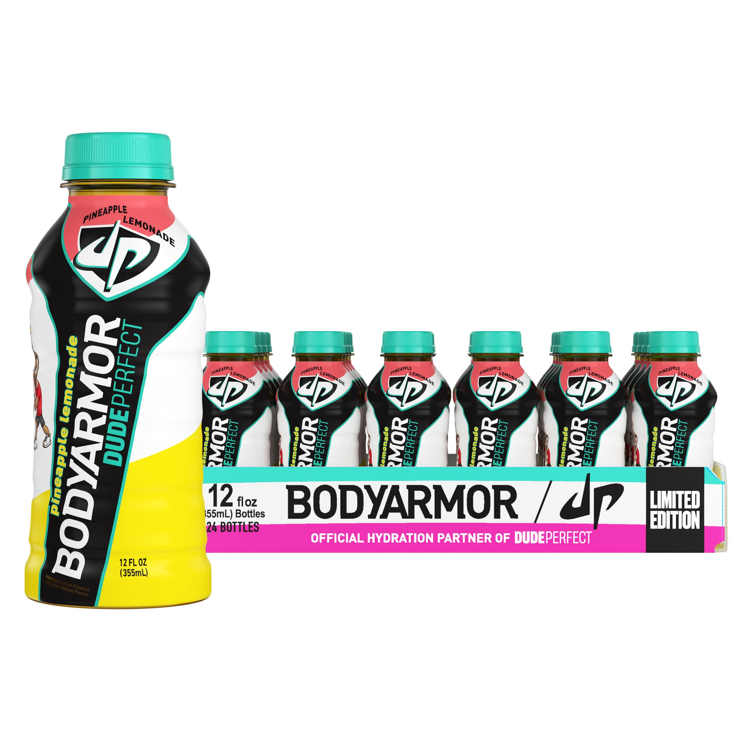 BODYARMOR Sports Drink Dude Perfect Pineapple Lemonade, Coconut Water Hydration, Natural Flavors With Vitamins, Potassium-Packed Electrolytes, Perfect For Athletes, 12 fl oz, 24 Pack