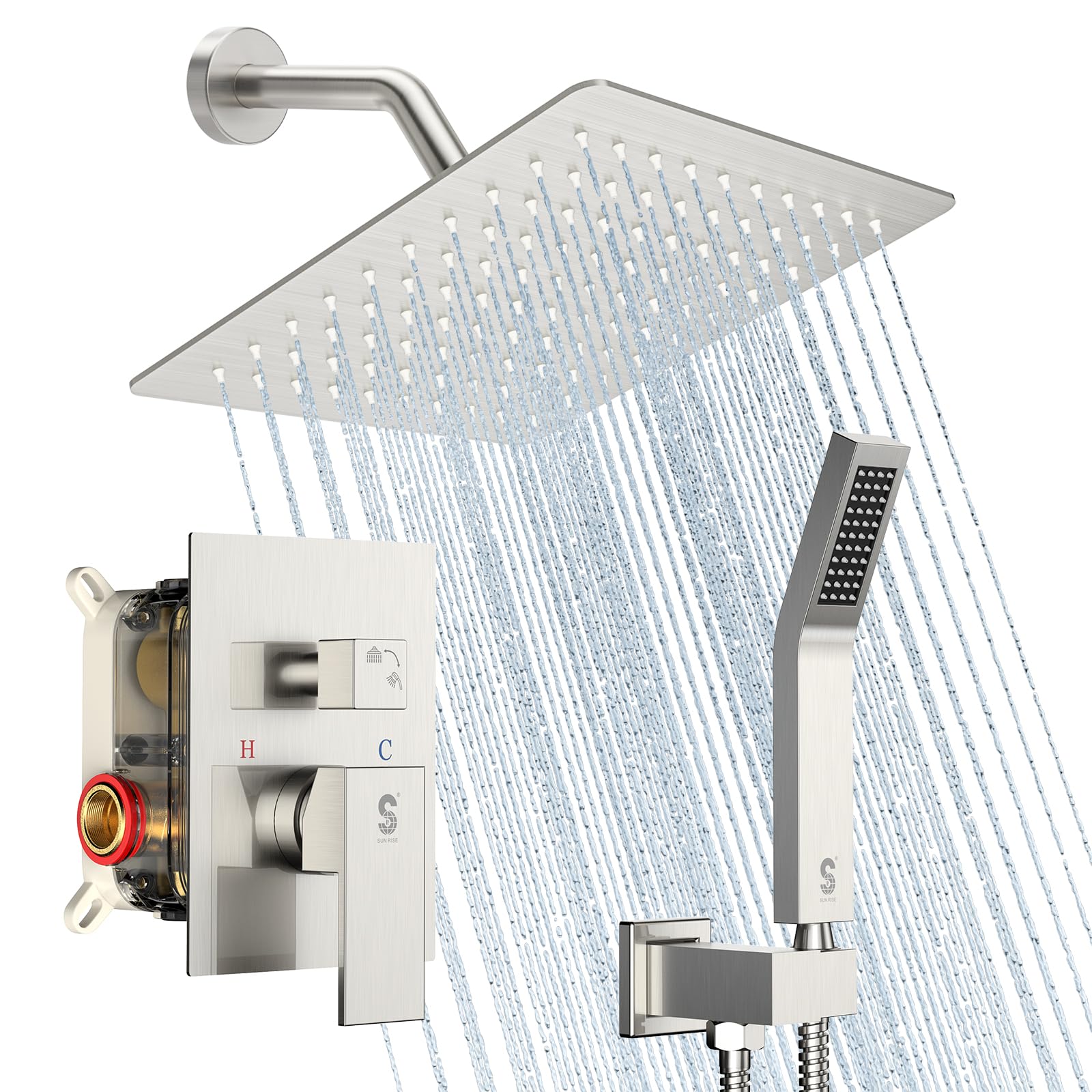 SR SUN RISE Shower Faucet Set - Shower Valve with 8 Inch Rainfall Shower Head and Handheld Shower - Wall Mounted Shower System with Rough In Valve and Shower Faucet Trim Repair Kits - Brushed Nickel