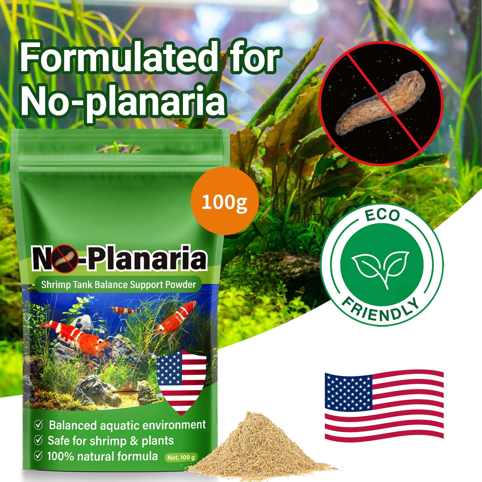 No Planaria & Hydra Trap, poudre d'équilibre pour aquarium, soutien 100 % naturel pour les problèmes causés par les intrus à corps plat, favorise une croissance saine et la reproduction des crevettes