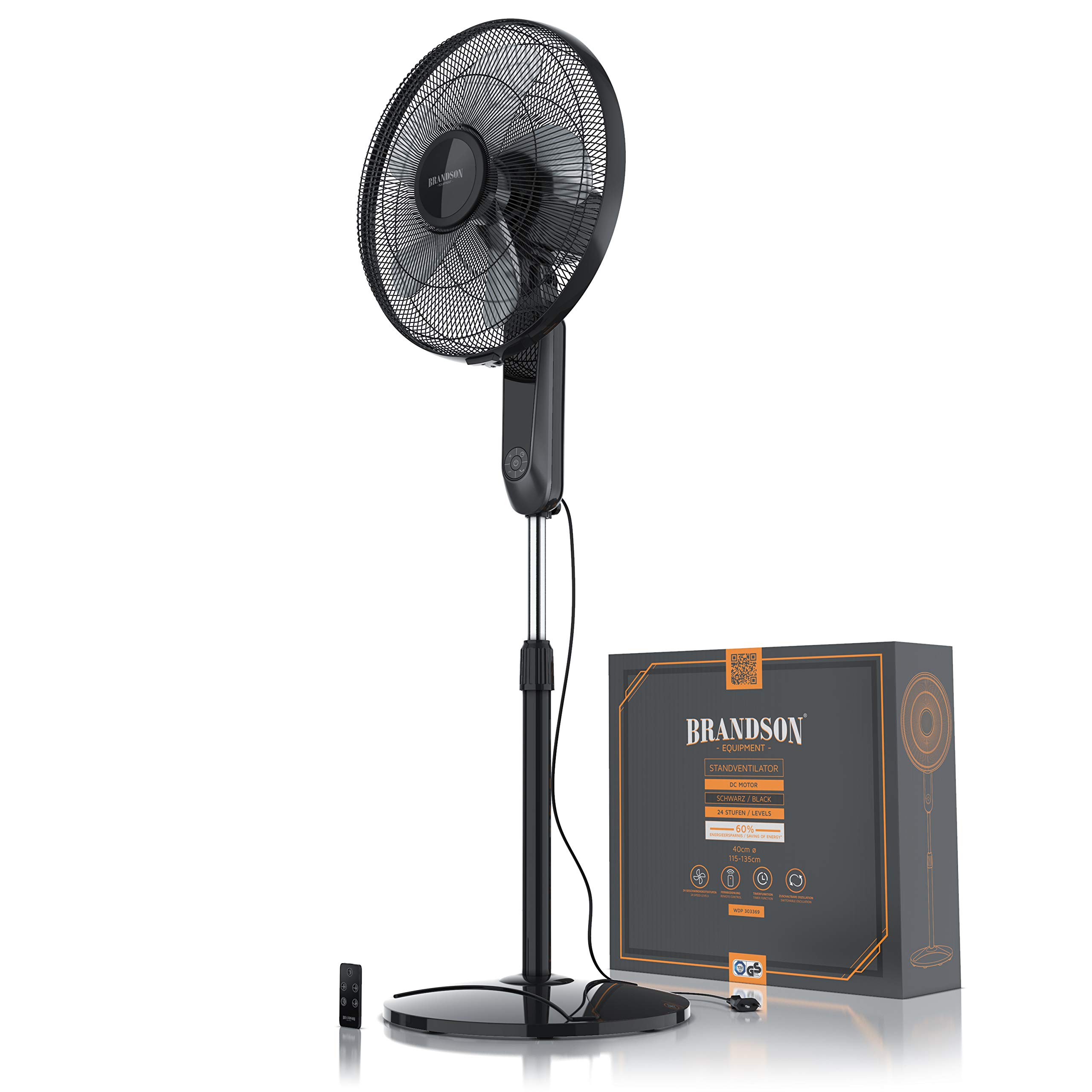 Brandson - Standventilator DC Silent mit Fernbedienung + Display - mobiler Lüfter leise, 24 Geschwindigkeiten - Oszillation 80° - Ventilator energiesparend