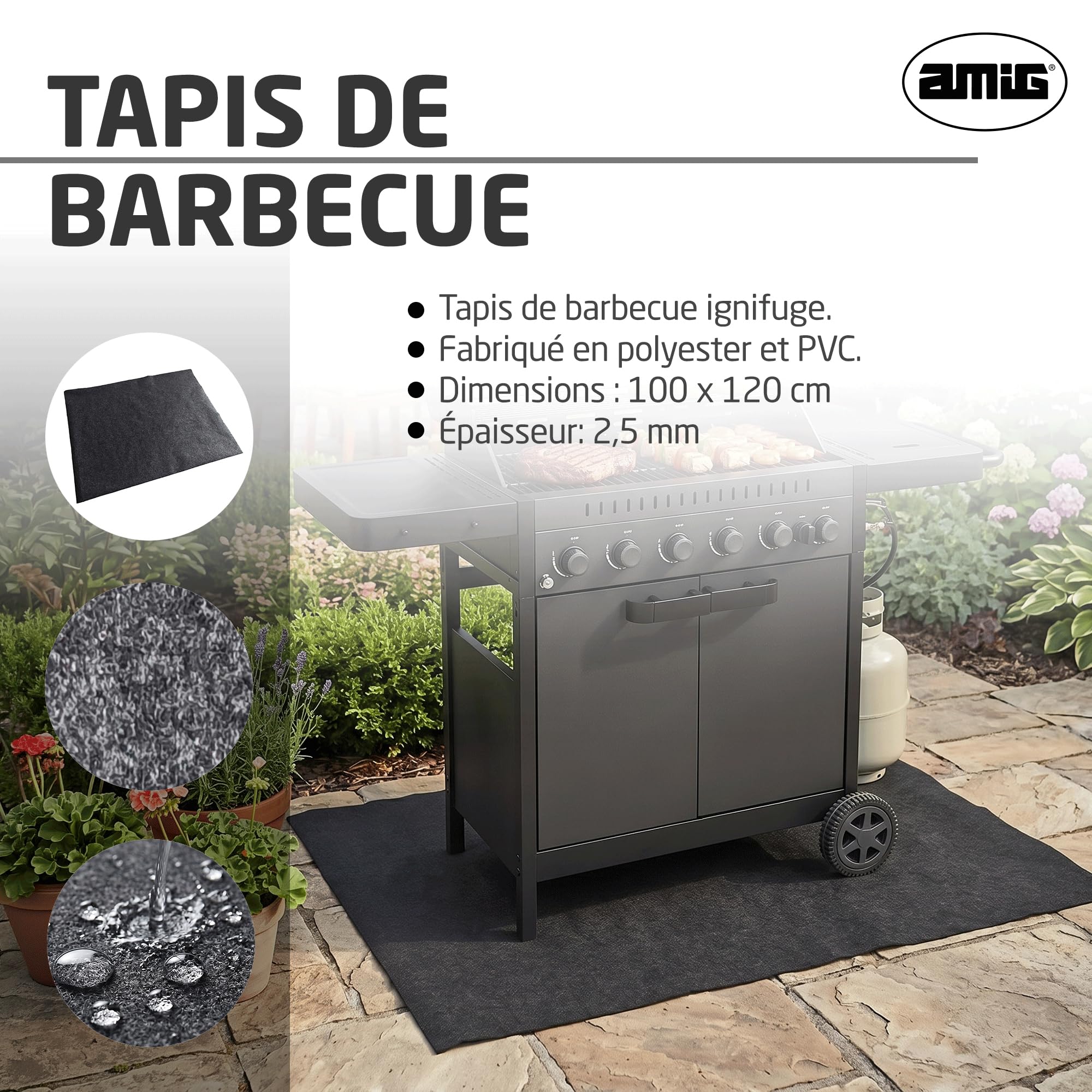 Amig - Tapis de Protection pour Barbecue BBQ - Anti-Taches, Imperméable et Antidérapant - Protection du Sol Contre la Graisse, l’Huile et Les Étincelles - 100 x 120 cm - Polyester PVC - Noir