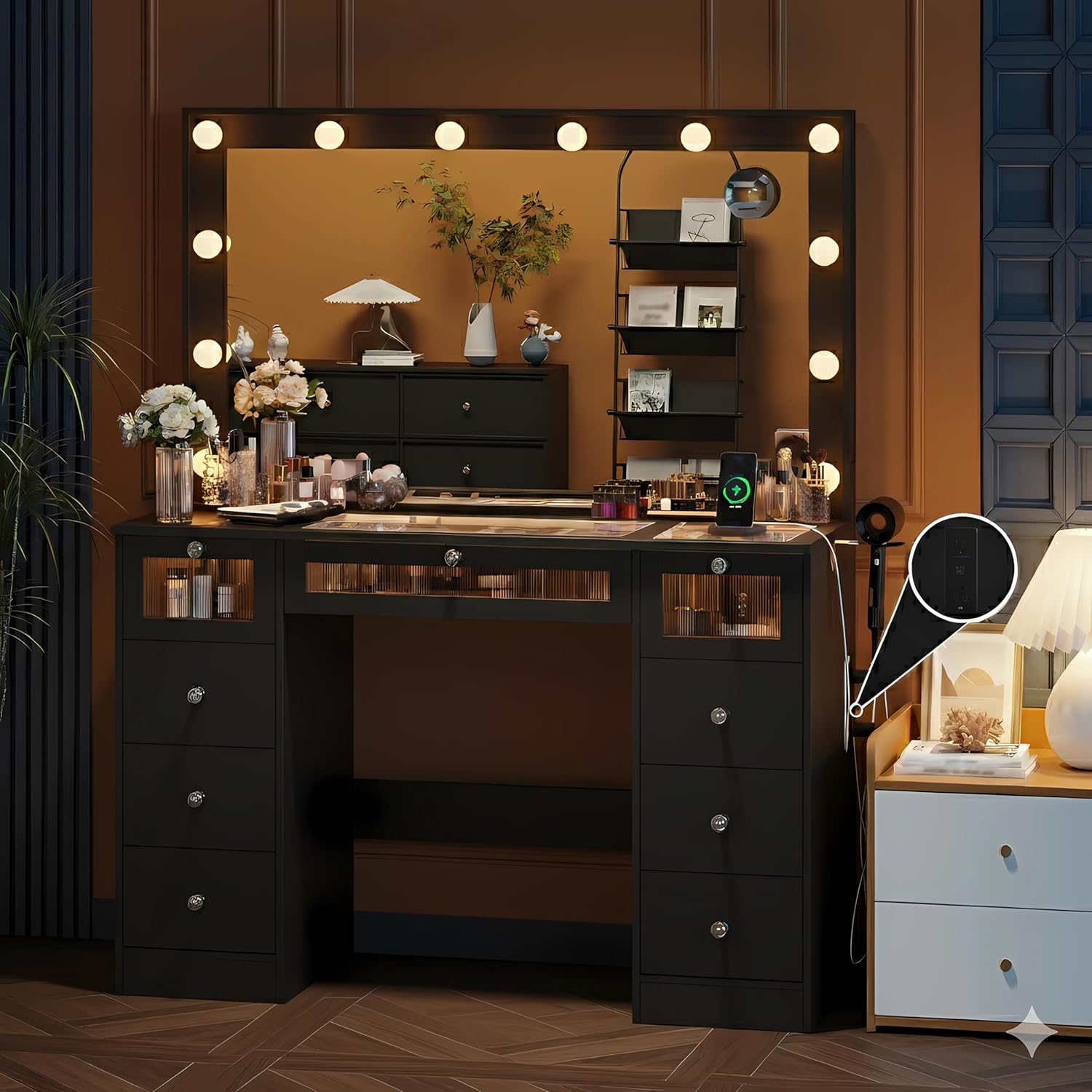 Black Vanity with Lighted 36.9" Mirror, Glass Top Vanity Desk with 9 Drawers & 3 Color Hollywood Bulbs & 4 Shelves & Acrylic & Power Outlet, Makeup Desk Dressing Table for Bedroom