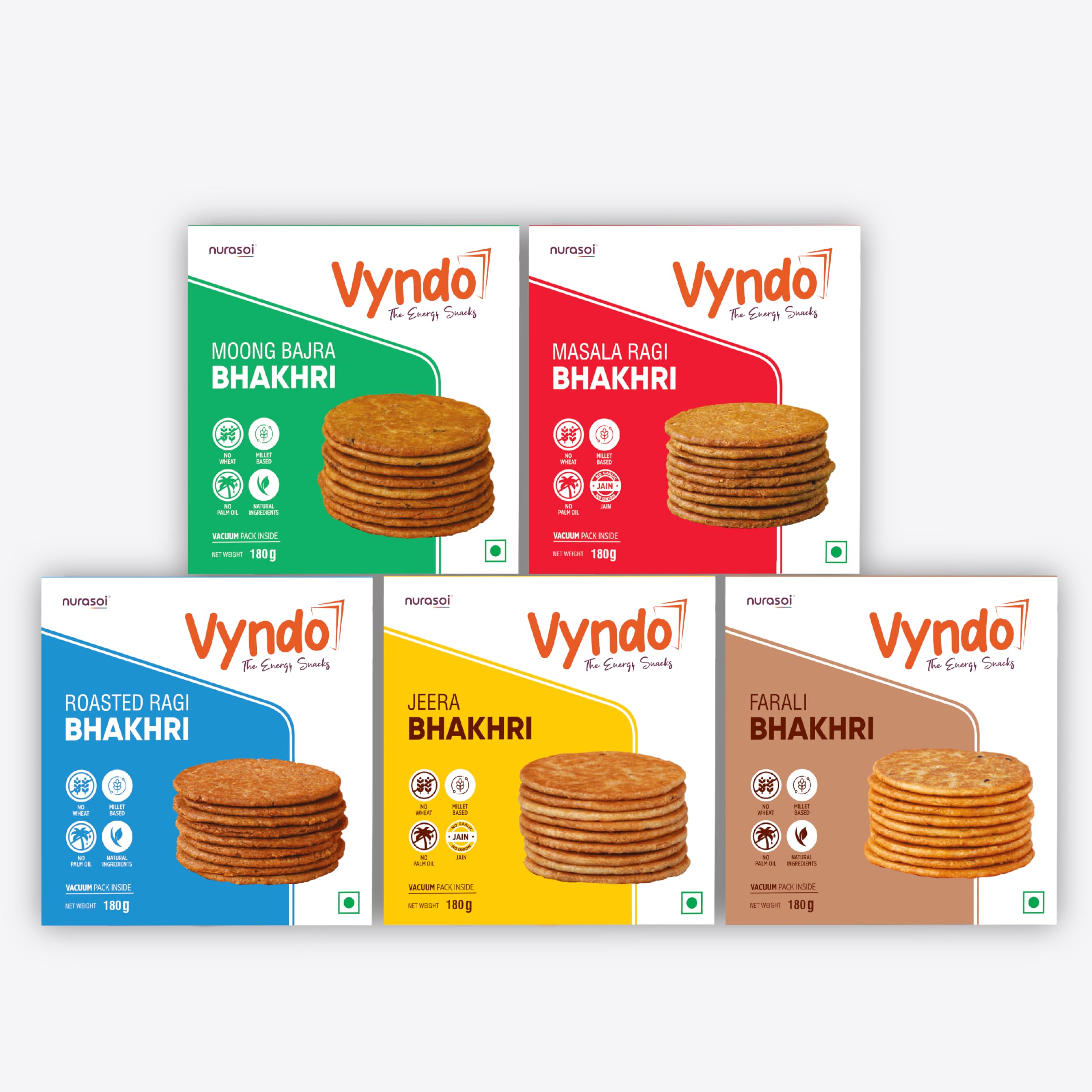 Sponsored Ad - Vyndo All Bhakhri Combo – Pack of 5 (180g Each) | Millet Snacks, Gluten-Free, Healthy Energy Snack for Kids & Adults | Moong Bajra, Masala Ragi, Roasted Ragi, Farali, Jeera