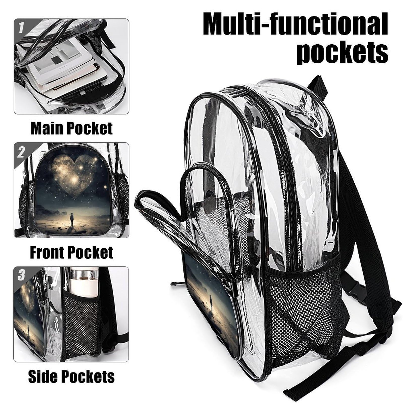 Transparenter Rucksack in Stern-Herzform, groß, transparent, PVC, Büchertasche für Sicherheit, Arbeit, Reisen, Stadion