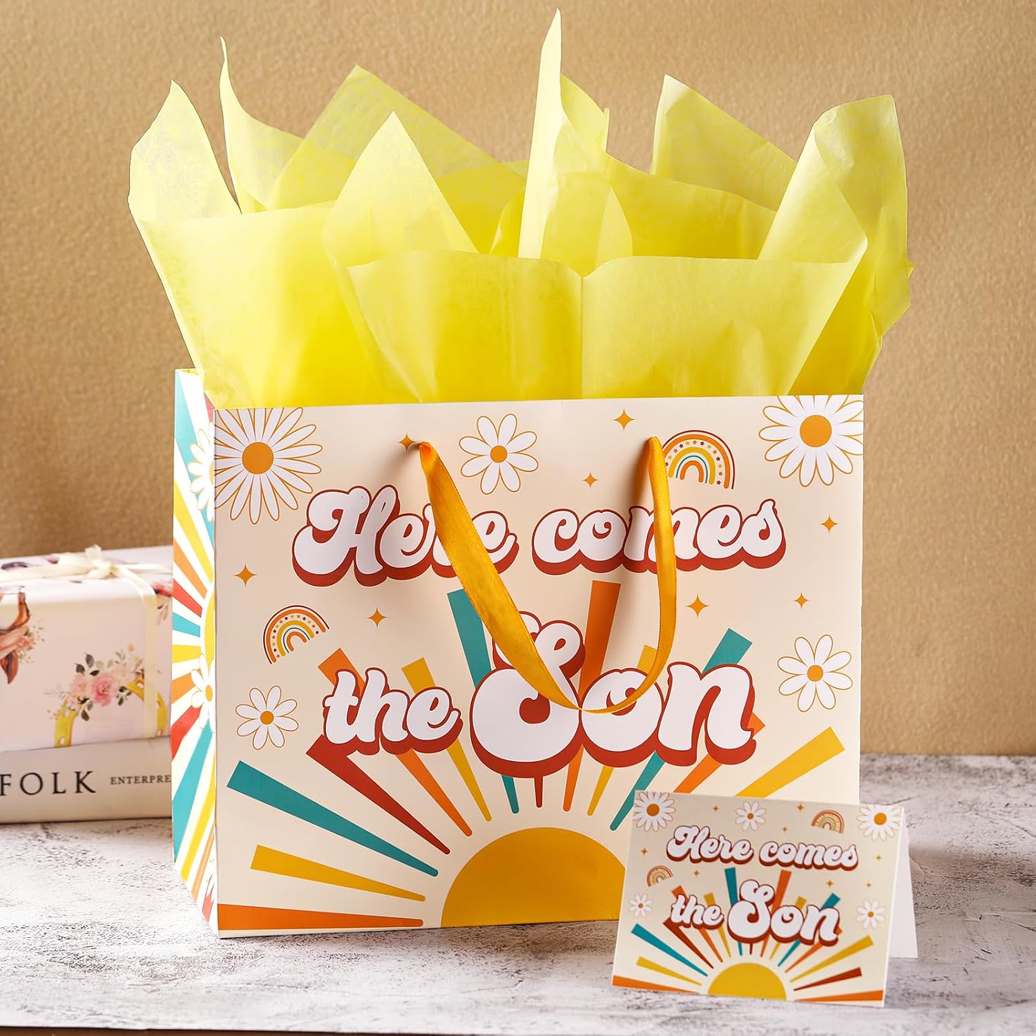 TAKEALOOKO Here Comes the Son Goodie Bags - Boho Sun Party Favor Bag with Wrapping Paper and Greeting Cards,Bohemia Sunshine Gift Bag for Boys Kids Baby Shower Supplies