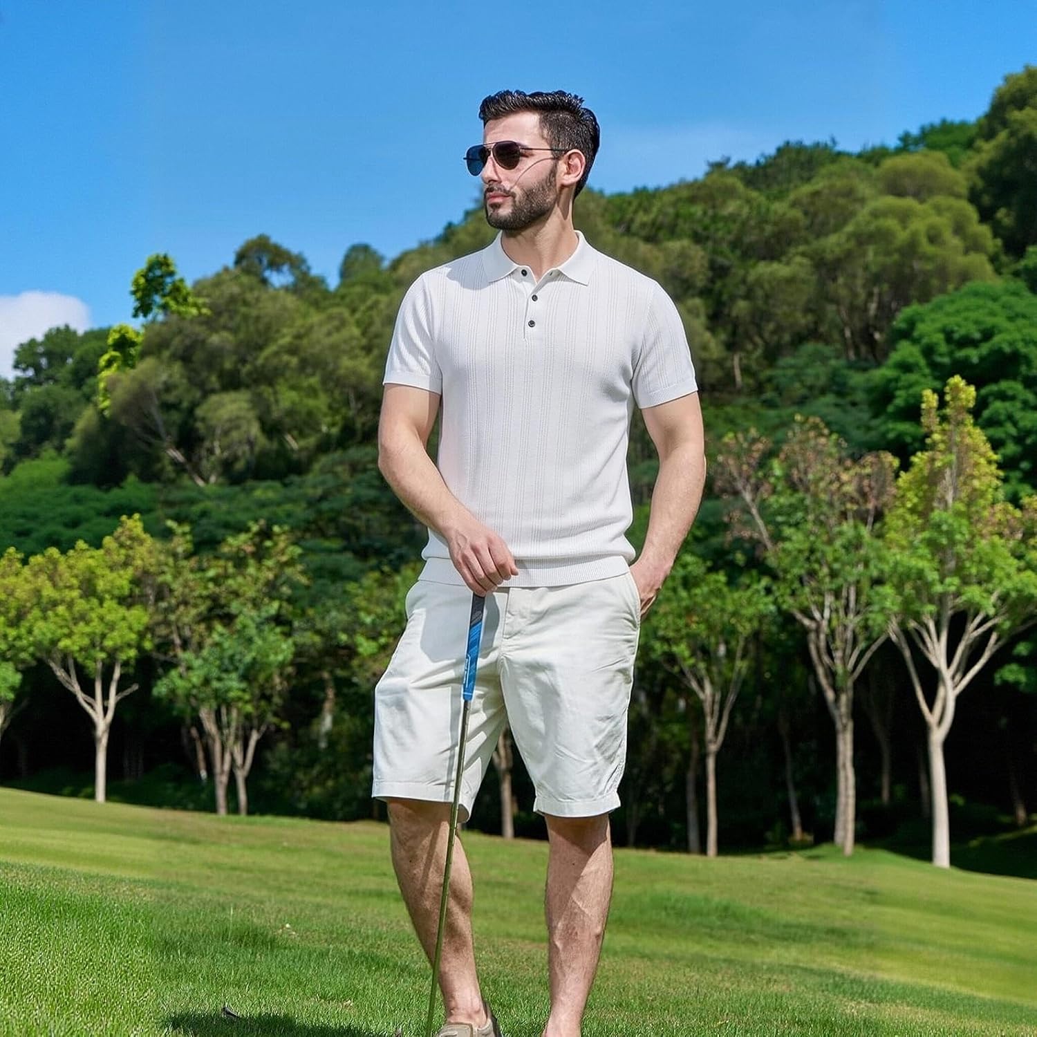 Mens Knit Polo Shirts Textured Short Sleeve Button Summer Vacation Beach Fashion Casual Collared Golf Shirts