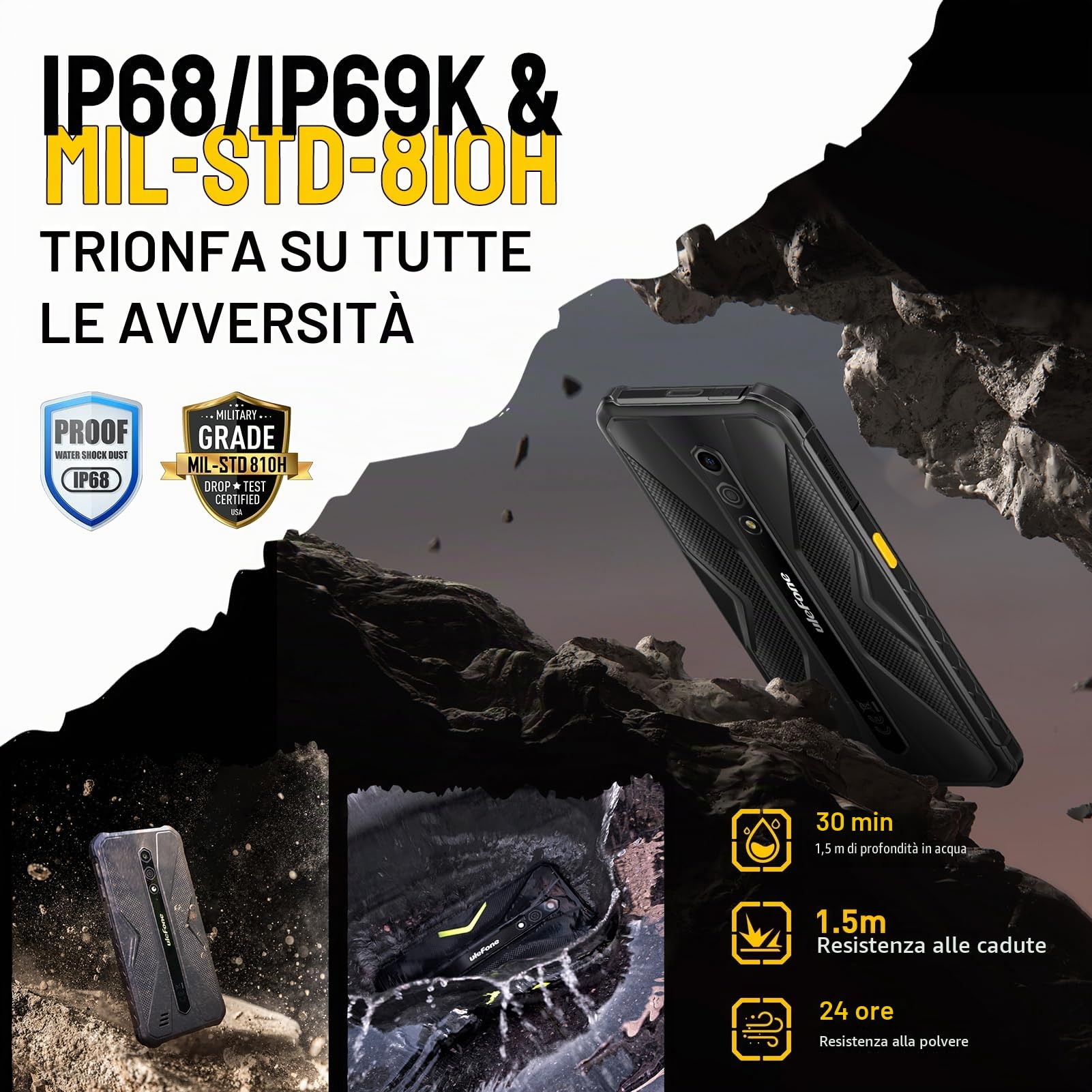 Ulefone Armor X12 Pro Rugged Smartphone Android 14 con Octa-core 8GB+64GB+256GB Espandibile, Telefono Indistruttibile IP68, 5,45" HD+ 4860mAh Dual SIM 4G Cellulare Offerta, 13MP+8MP, NFC/OTG/GPS/Nero