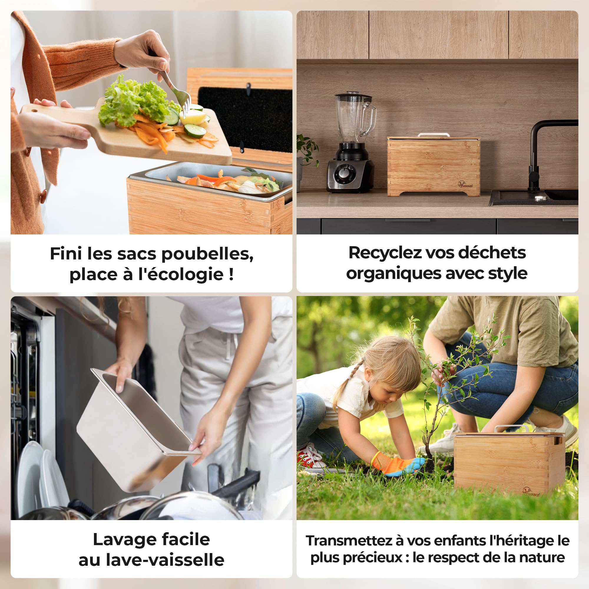 Poubelle Compost Cuisine Bio Hermétique Anti-Odeur & Filtre Charbon-Bac à Déchets et Recyclage Organique-Composteur Cuisine Pour Biodéchets-Bambou-Seau Alimentaire Bois-Poubelles à Compost-4L