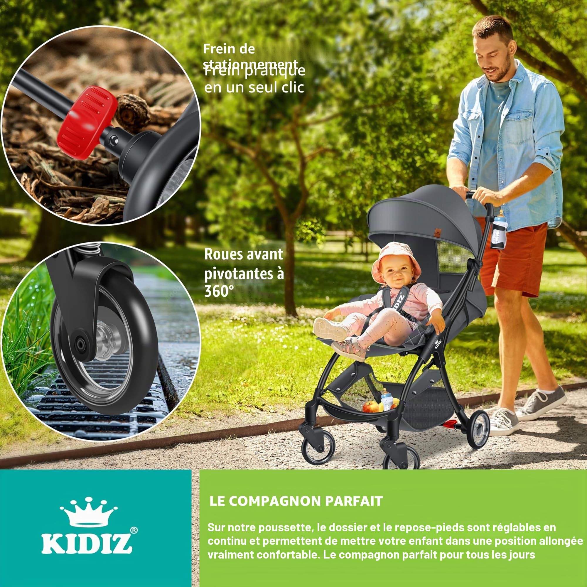 KIDIZ® Poussette Premium Pliable 360°Roues Harnais 5 Points Incl. Porte-boisson & Housse de pluie, Dossier réglable & Capote pare-soleil, Anthracite