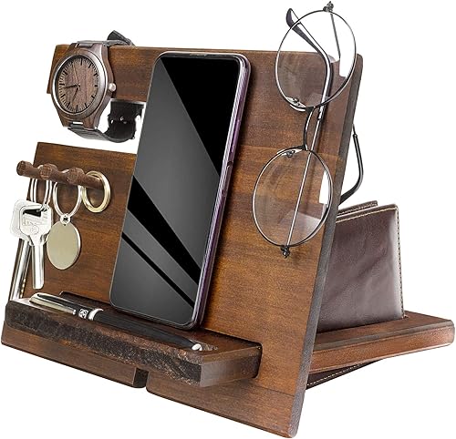Estación de acoplamiento para teléfono de madera para hombres, personalizada, ganchos para llaves, cartera, soporte para relojes, regalos para él,