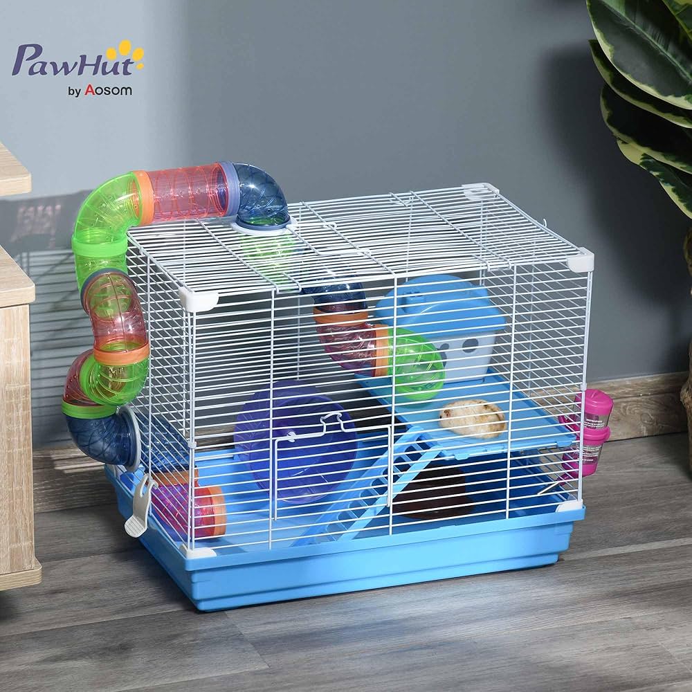 Bunny Cage PawHut Hamster Cage, Small Gerbil Cage 2 Tiers Portable W/Handle, Exercise Wheel, Water Bottle, Dishes Cage A Hamster
