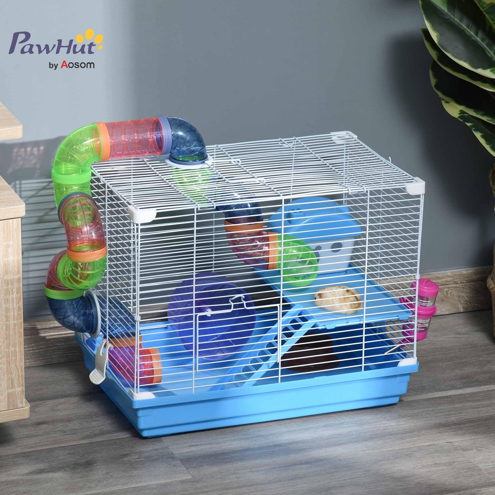 PawHut Gabbia per Criceti a 2 Livelli con Tunnel 46x30x37cm Blu e Bianca | Serbatoio per Acqua, Vassoio Rimovibile, Ruota per Criceti