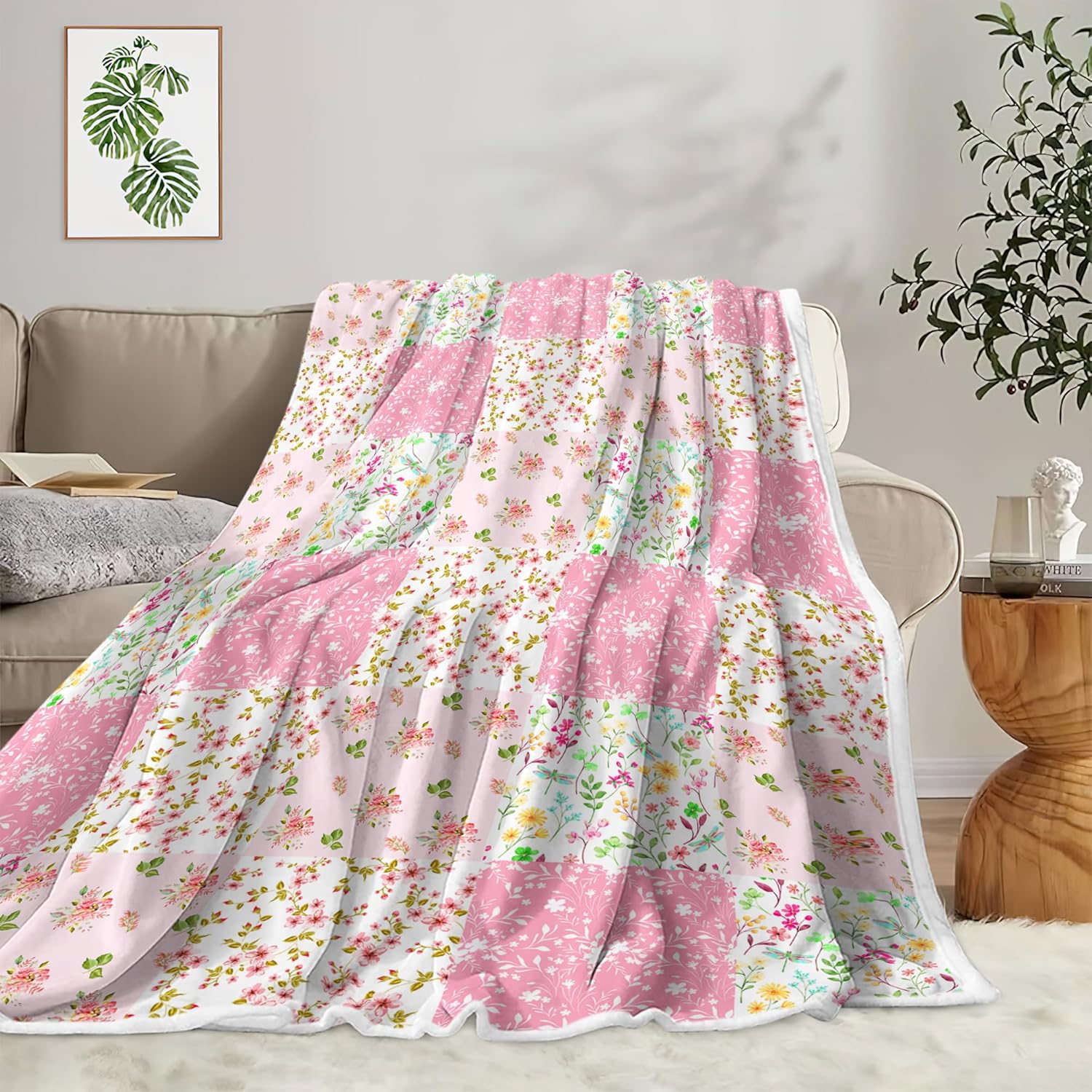 Floral Blankets Pink Floral Patchwork Blanket, Botanical Flowers Throw Blanket, Soft, Flannel, Warm, Flowers Bed Blankets All Season for Couch Bedroom Living Room 50X60 Inch - Image 2