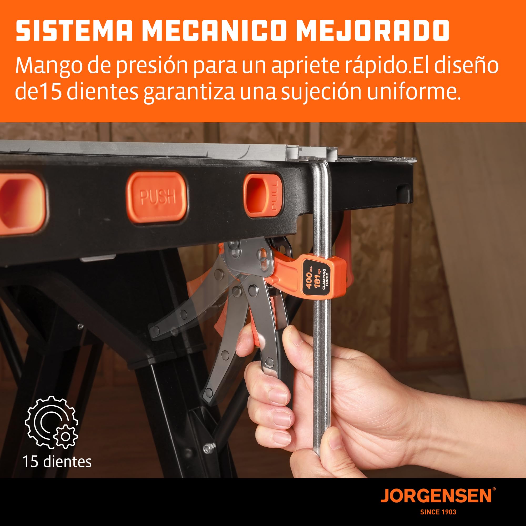 JORGENSEN Juego de 2 Abrazaderas de Trinquete para Guías de Sierra, con Mecanismo de Bloqueo, Fuerza Máxima 182 kg, Apertura 168 mm, para Carpintería y Tareas de Bricolaje