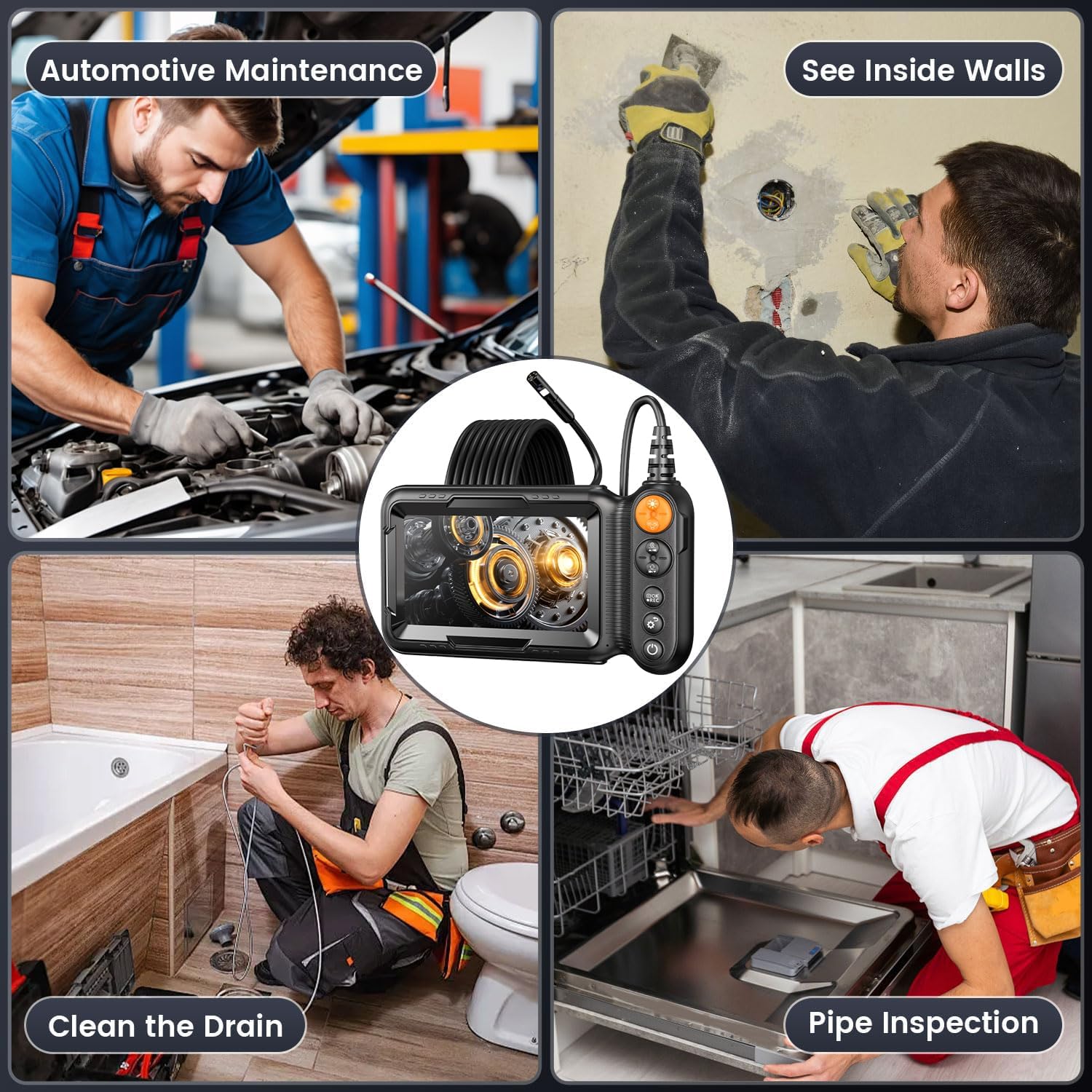 Dual Lens Endoscope Camera with Light, 1080P Borescope Inspection Camera with 5" IPS Screen, 32.8FT Semi-Rigid, 8+1 LEDs & 32GB Card, 7.9mm IP67 Waterproof Sewer Snake Cam for Car Plumbing Wall