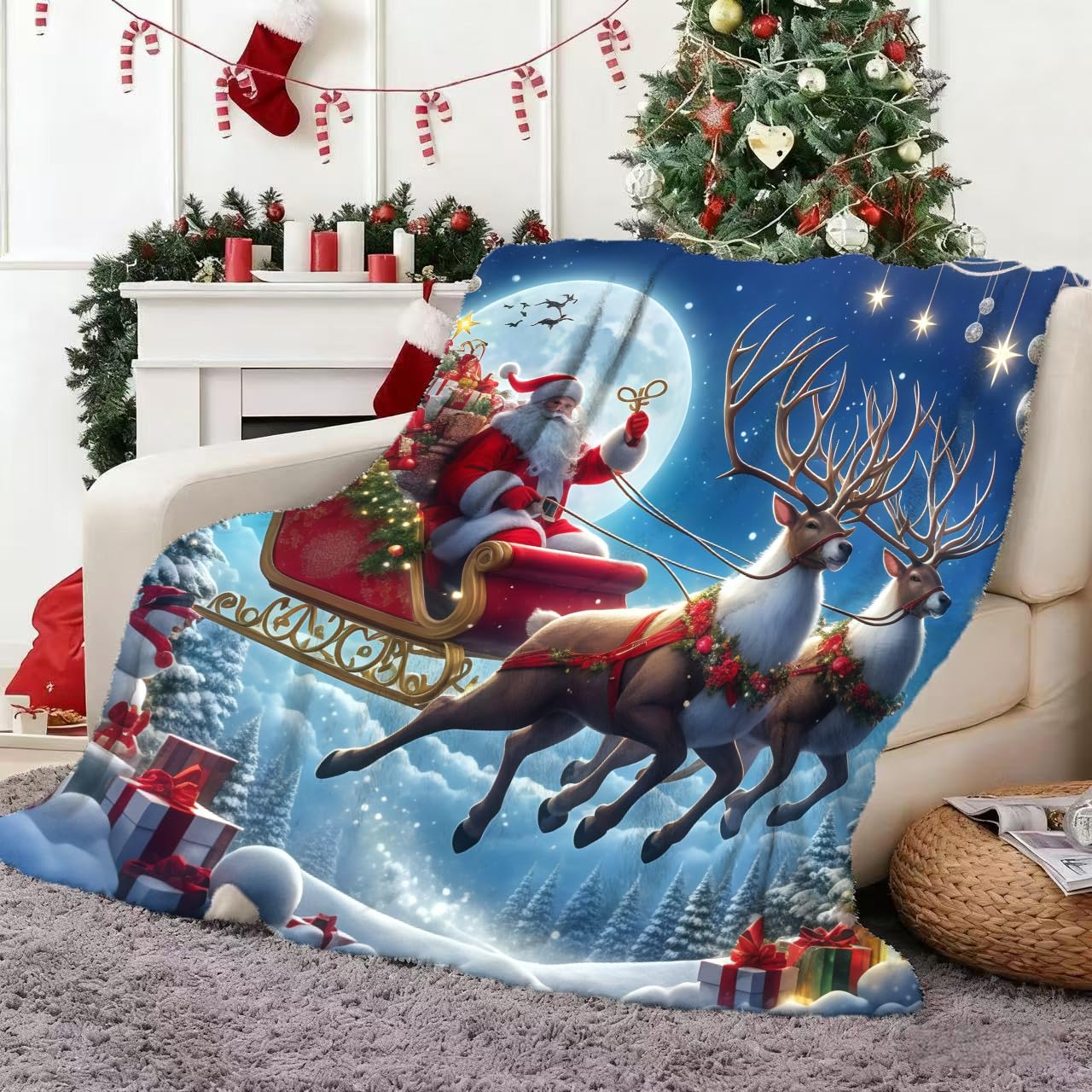 Manta de Navidad 150x100 Cm - Suave Manta de Franela, Manta de Peluche con Diseño de Papá Noel y Ciervo - Linda para Sofá, Cama, Fiesta - Divertido Regalo para Navidad (Azul/Rojo)