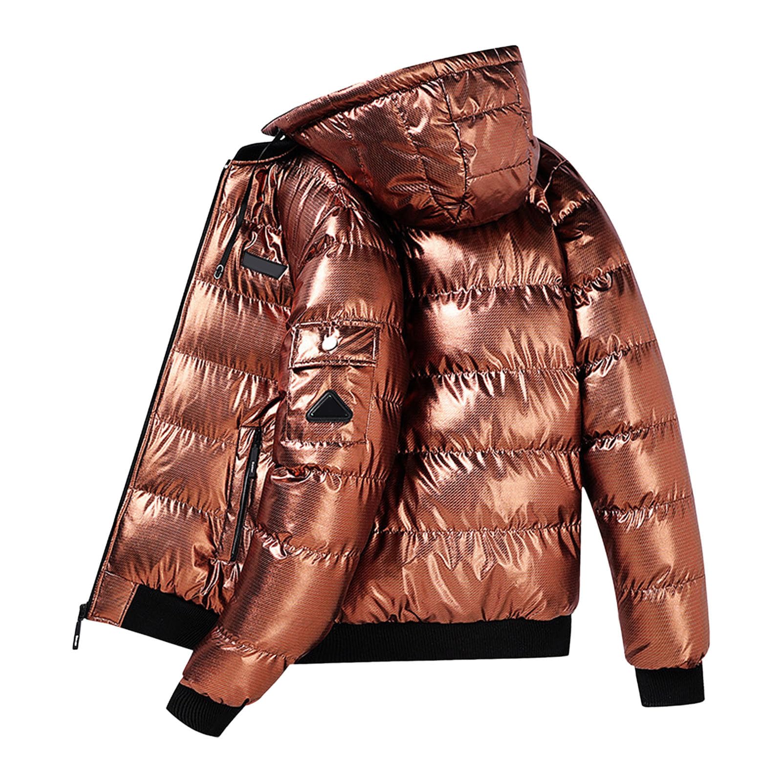 Generisch Piumino da uomo lucido, giacca con cappuccio, tinta unita, con colletto alto, caldo, imbottita, giacca trapuntata, giacca invernale, per l'inverno metallizzato, Thickened Shiny Detachable