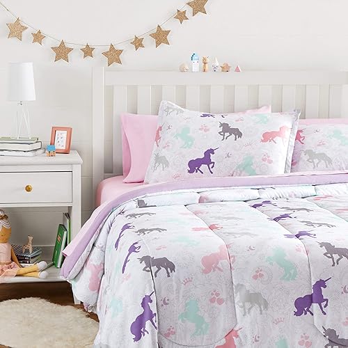 Tienda Basics Juego de ropa de cama de microfibra para niños de fácil cuidado matrimonialQueen unicornios morados juego de 7 piezas Tienda Basics Juego de ropa de cama de microfibra para niños de fácil cuidado matrimonialQueen unicornios morados juego de 7 piezas
