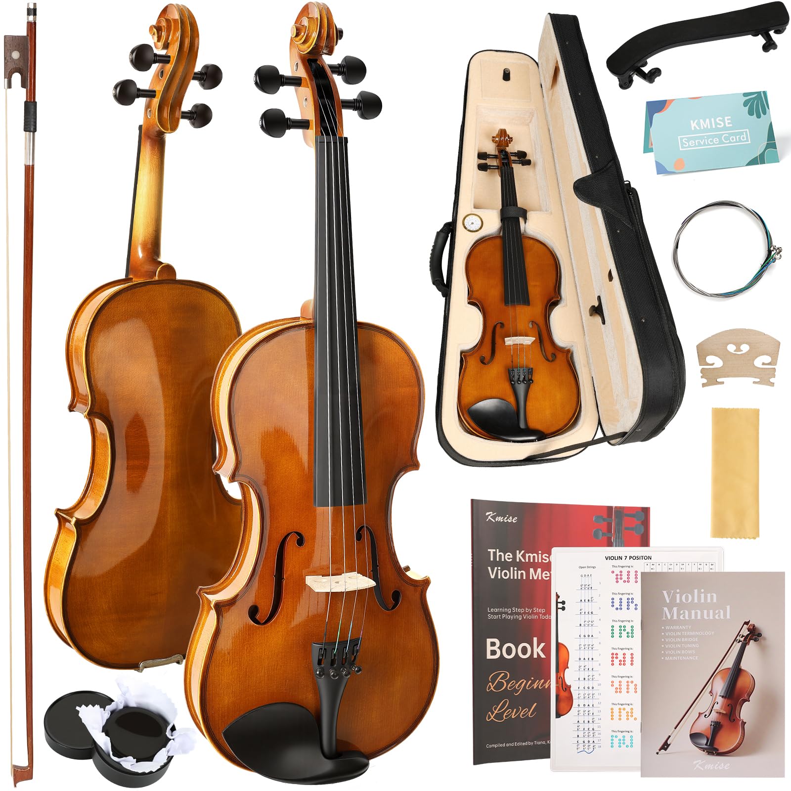 Kmise Violin 4/4 Full Set, High Density Ebony Violins, Glossy Acoustic Fiddle for Adults, Beginners, Students with Violin Case, Rosin, Strings, Bow, Shoulder Rest, Beginner's Guide (Amber, 4/4)