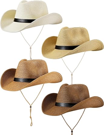 Giegxin 4 Pcs Straw Hats Bulk Western Cowboy & Cowgirl Hat with Wind Lanyard Wide Brim for Men Women Sun Beach Farmer Work