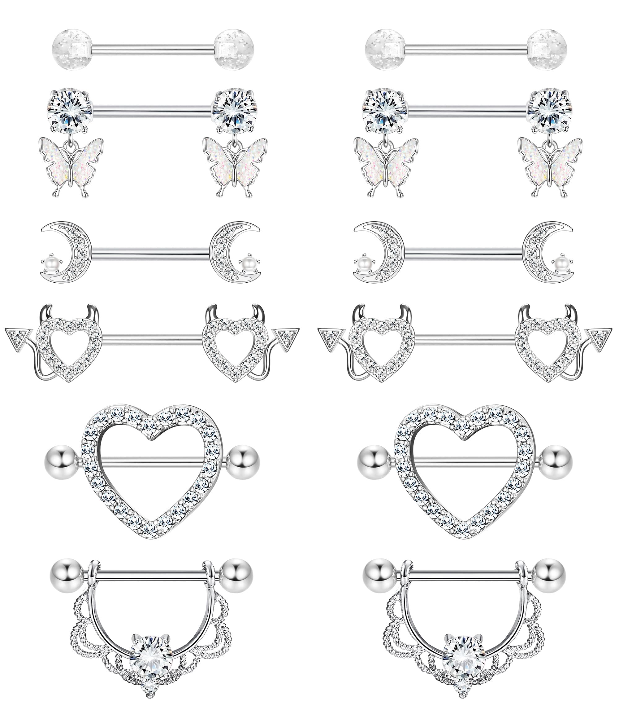CASSIECA6 Pares 14G Piercing Pezon para Mujer Anillos de Pezón Piercing Acero Quirurgico Barras de Lengua Piercing Lengua Corazón Mariposa CZ Barra Juego de Anillos para Pezón Piercings Rectos