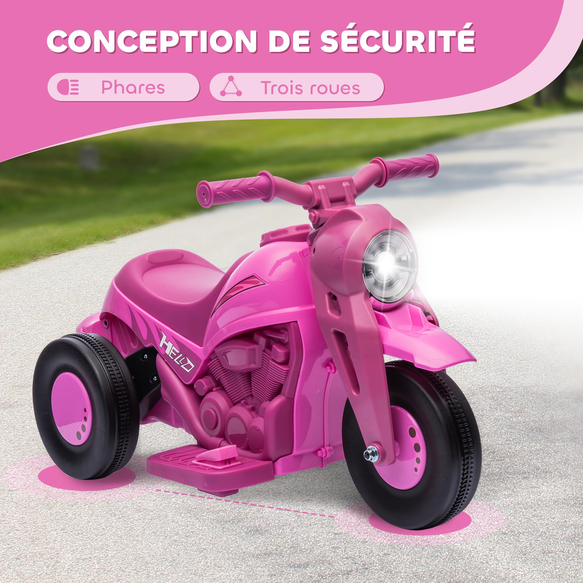 AIYAPLAY Moto électrique Enfants, 3 Roues, 6 V, 3 km/h, Voiture électrique Enfants avec Fonction de Bulles, Effets Lumineux et sonores, 2 à 5 Ans, Charge Max. 30 kg, Rose