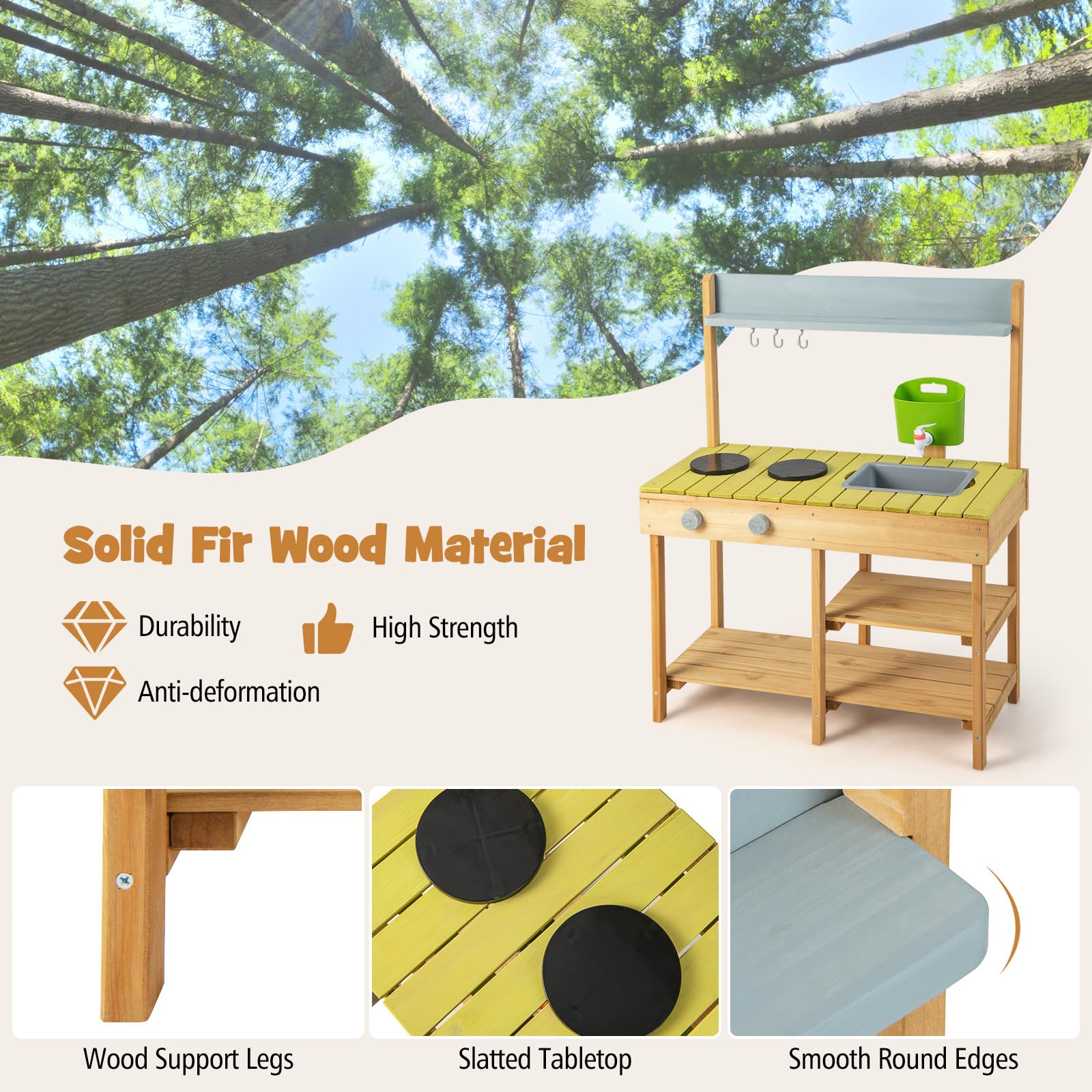 FANTASK Matschküche für Kinder Outdoor & Indoor, Spielküche mit Haken & abnehmbarem Regal, Kinderküche Holz mit Wasserfunktion, Gartenküche Geschenke für Kinder ab 2 Jahren, Natur