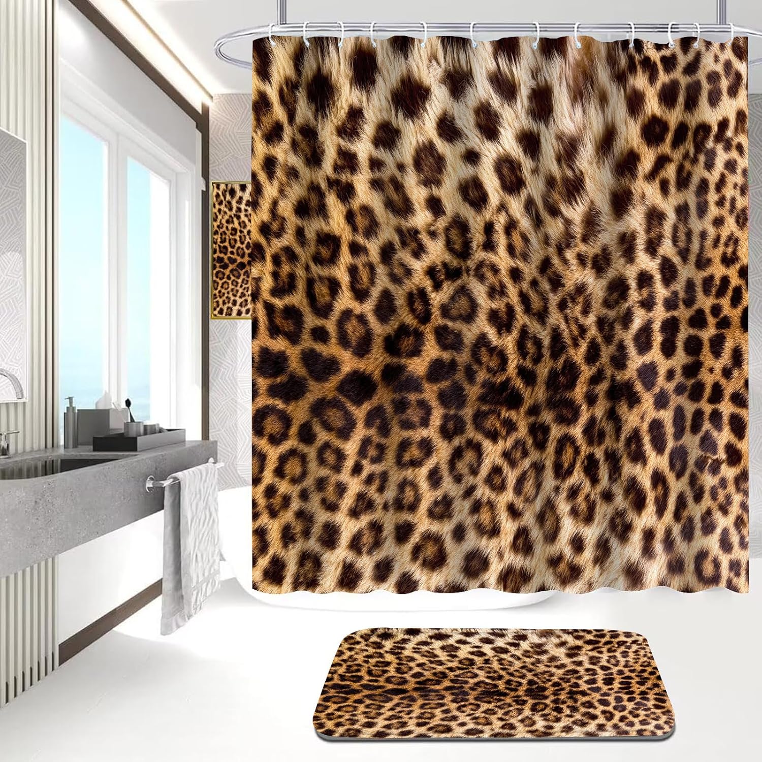 Onalasyc 5Pcs Brown Leopard Shower Curtain Set, Wall Painting Bathroom Sets with Shower Curtain and Rugs, Cheetah Print Bathroom Wall Art Decor Painting Shower Curtains Sets with Rugs
