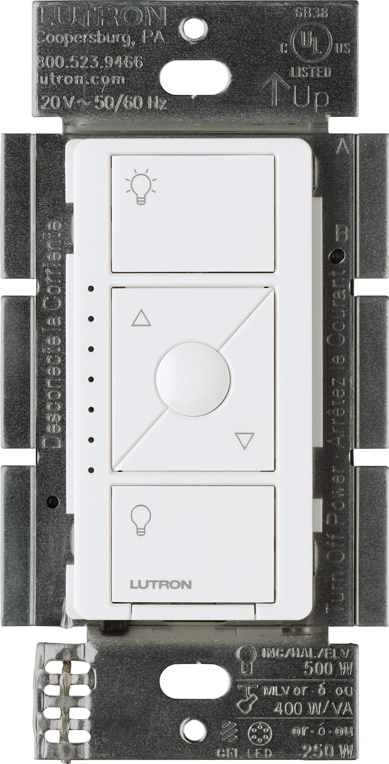 Caseta Original Smart Dimmer Switch ELV+ (Lutron Hub Required), 250W LED, Single-Pole/3-Way, Neutral Required, PD-5NE-WH, White