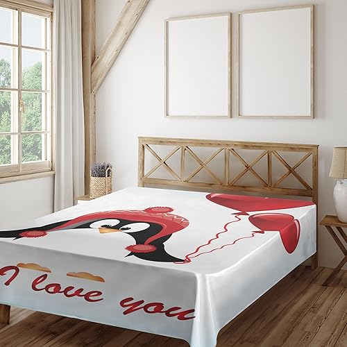Miniatura 2 de Ambesonne Sábana encimera de San Valentín, globos de feliz cumpleaños con texto en inglés "I Love You", imagen divertida de pingüino, suave y