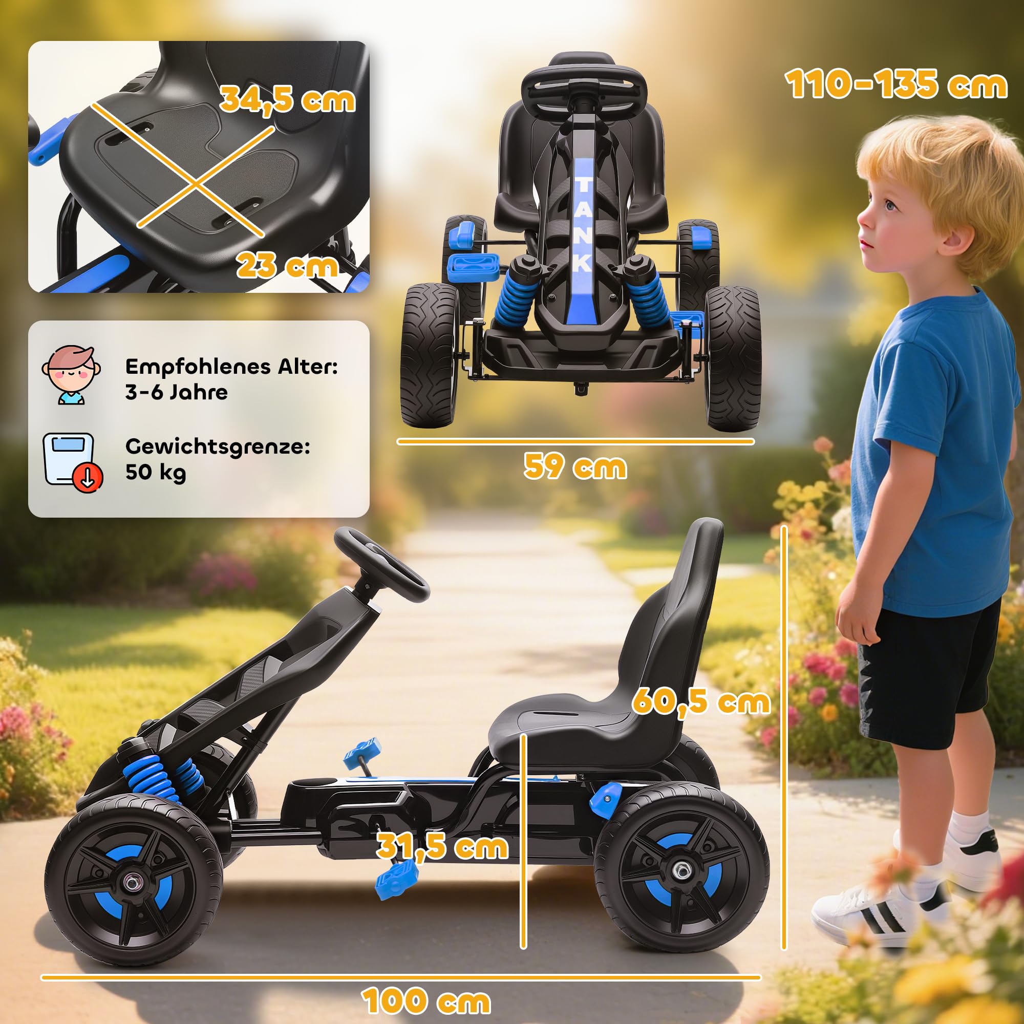 AIYAPLAY Gokart Tretauto mit Handbremse, Automatisches Kupplungssystem, Vor- und Rückwärtsgang, Tretfahrzeug mit rutschfest Eva-Räder Kinderfahrzeug Pedal-Gokart für Kinder 3-6 Jahren Blau
