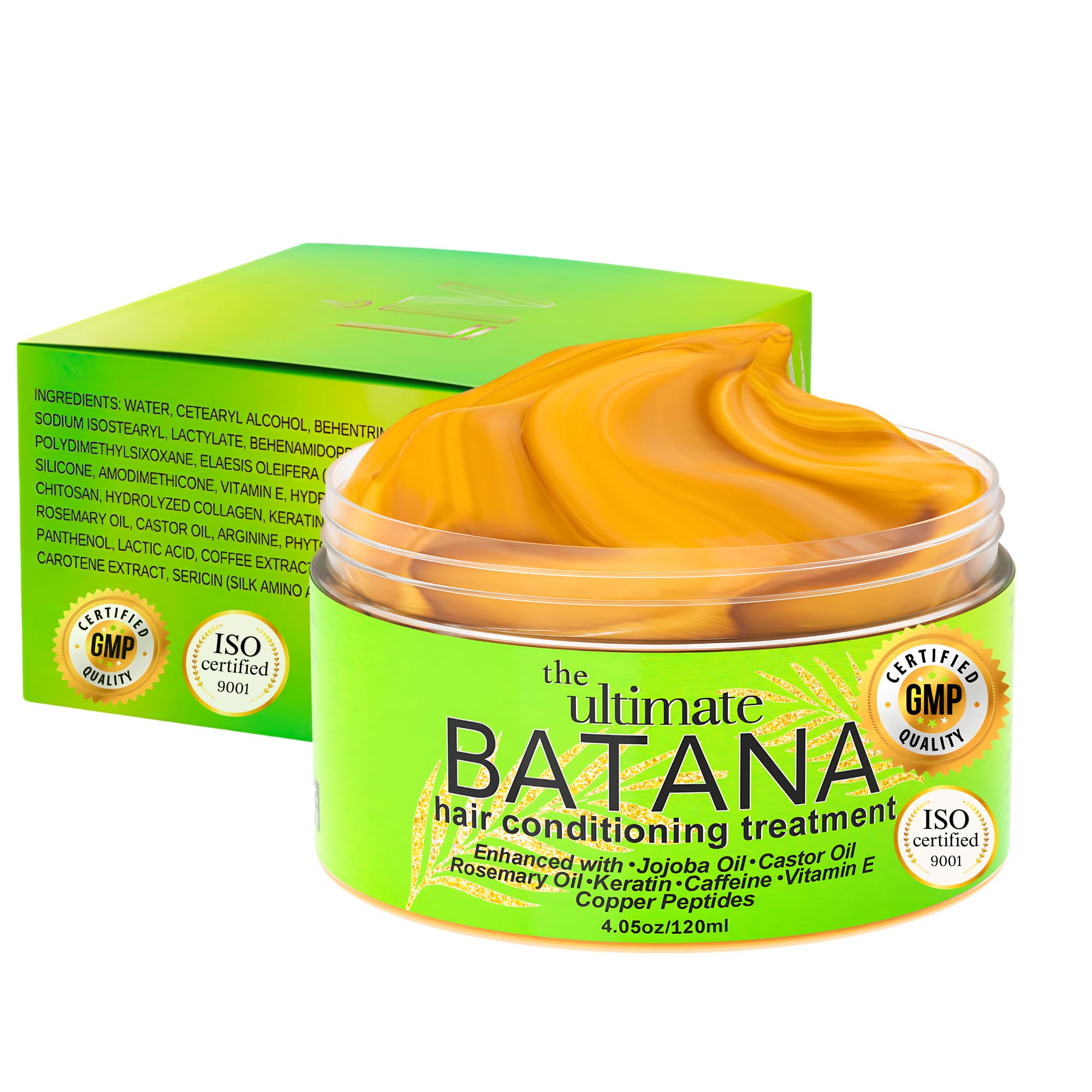 Deep Conditioning Hair Mask with Keratin, Collagen, Batana, Castor, Rosemary, Jojoba Oils, Caffeine, Vitamin E, Copper Peptides, Carotene, Silk Protein- 4 Dry, Damaged Hair. GMP cert