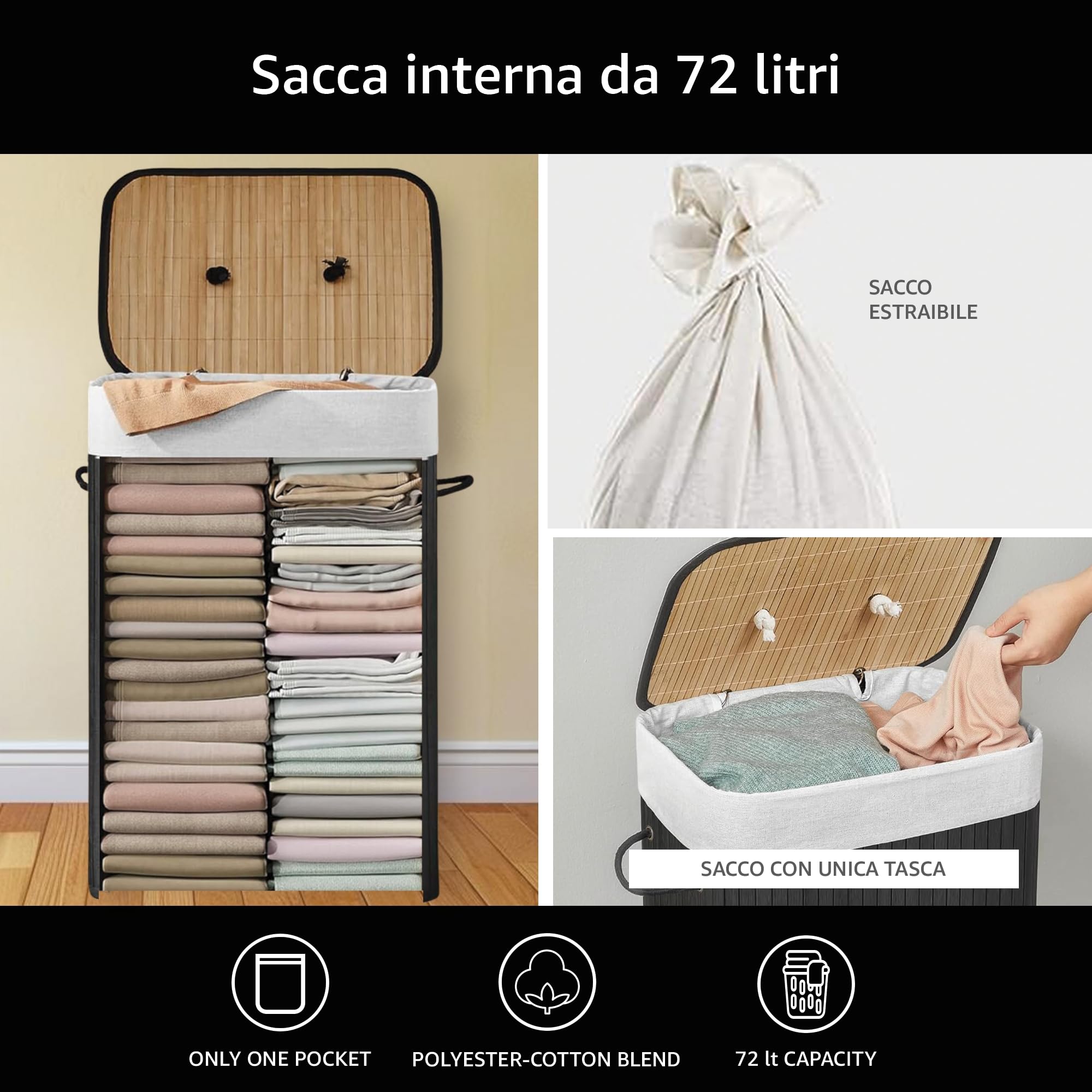 Comart - Cesto Ropa Sucia Bambú - Plegable - 72 L - Negro