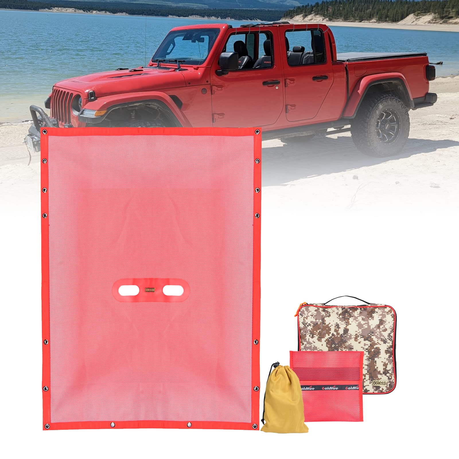 Gladiator JT Accessories, Gladiator JT Soft Mesh Top Sunshade for JT 4 Door Top Front and Rear (ONE Piece) 2018+, Mesh Screen Gladiator Cover UV Blocker with GrabBag Tool Pouch(Red)
