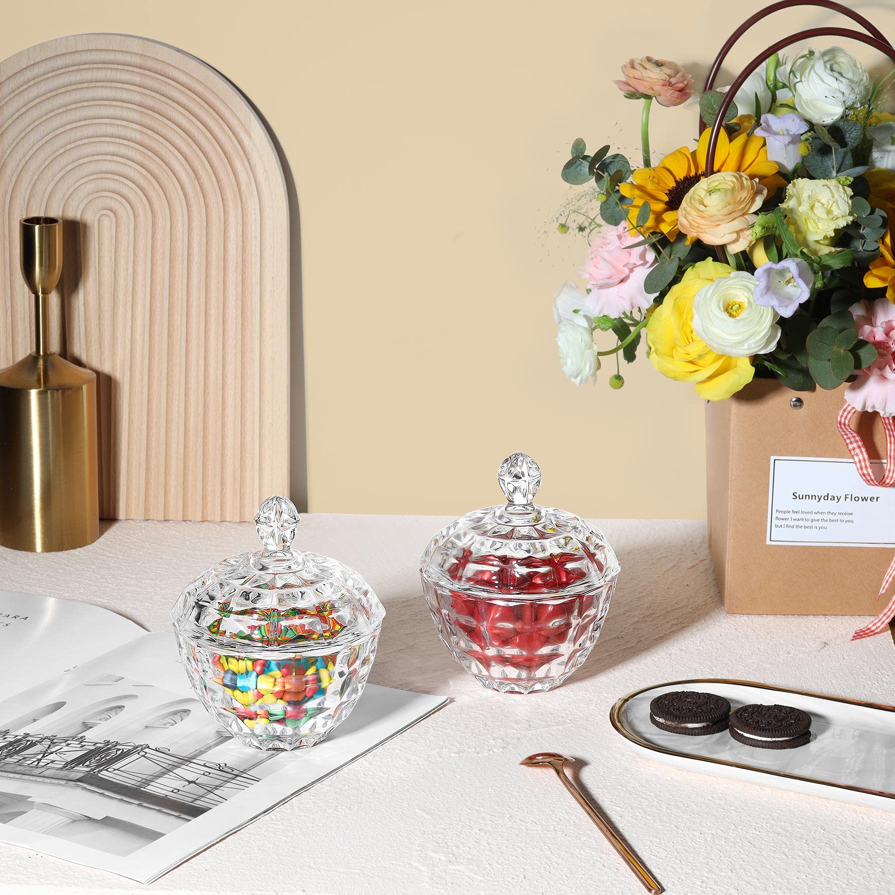 ComSaf Glass Candy Dish with Lid Decorative Candy Bowl, Crystal Covered