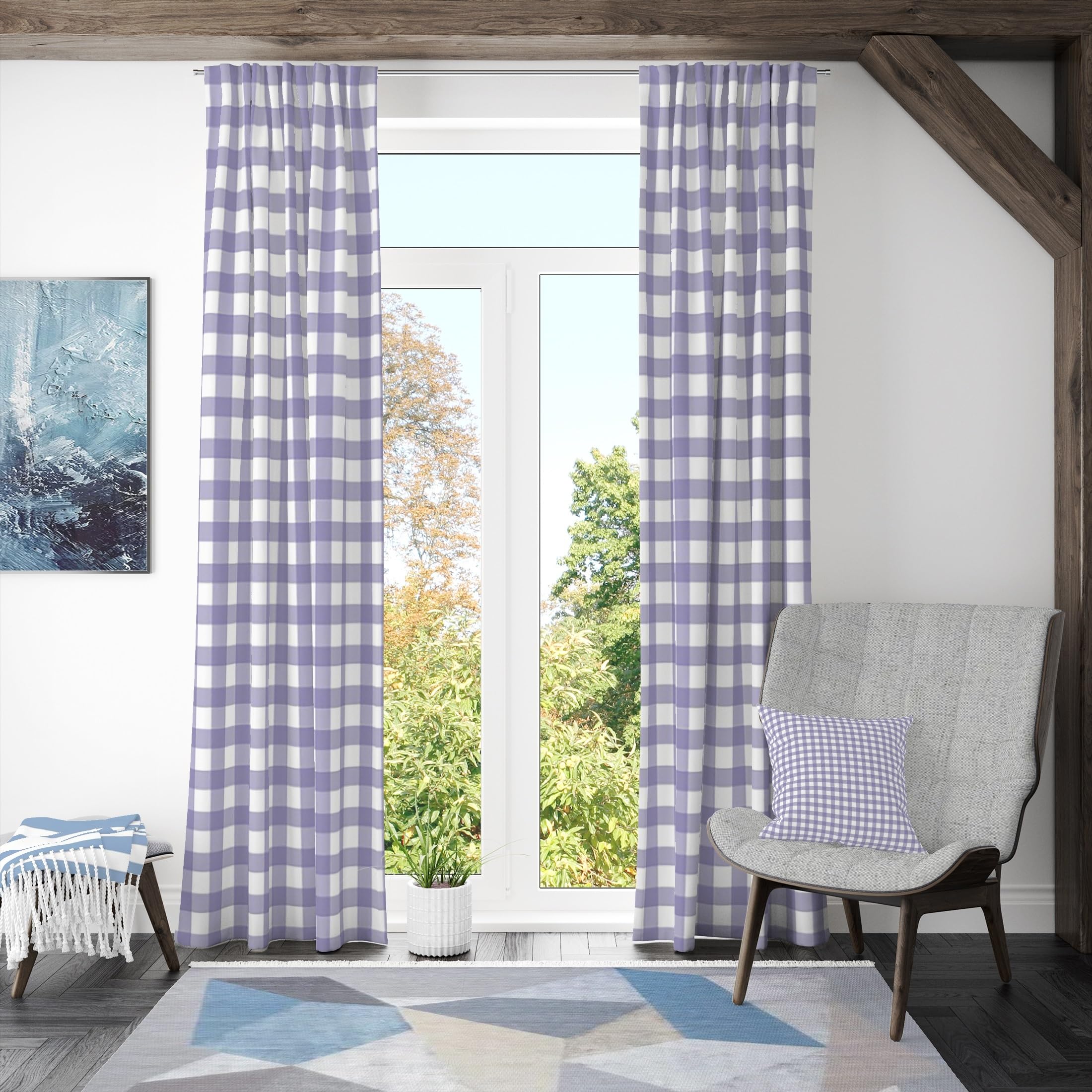 Cortinas a Cuadros de Guinga Dormitorio UVA Púrpura Geométrico Bolsillo para Varilla Sala de Estar Granja Rústica Exterior Puerta Privacidad 135x245cm 2 Paneles