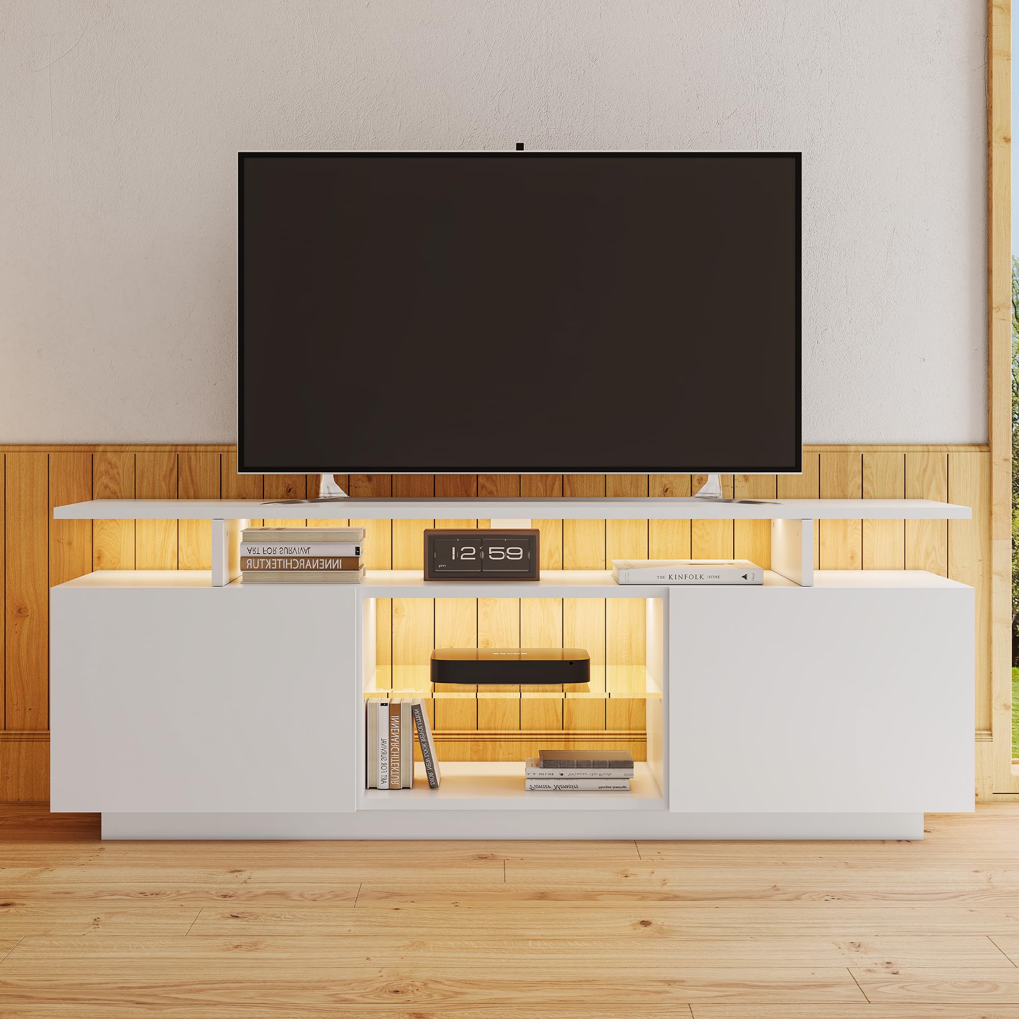 LAKFEW TV Schrank mit LED Leuchten, Lowboard Fernsehschrank mit 2 Türen und Glasfächer, TV Ständer Fernsehtisch Möbel bis zu 60 Zoll, Sideboard Wohnzimmer für Schlafzimmer, 140x35x55 cm, Weiß