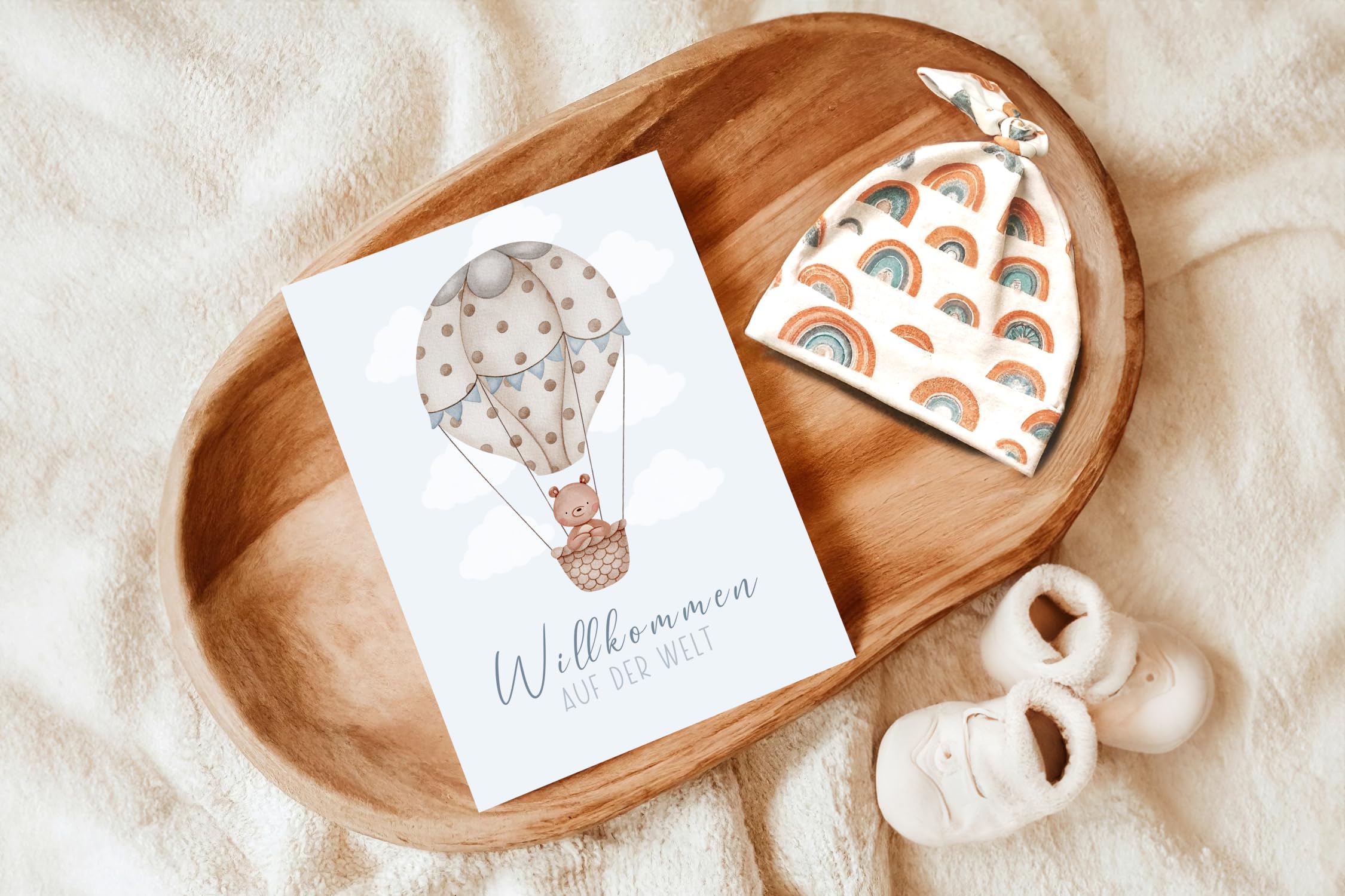 WBdesignz Biglietto di nascita Benvenuto al mondo con busta, biglietto per la nascita di terzine con illustrazione a nido e blu bambino (DIN A6