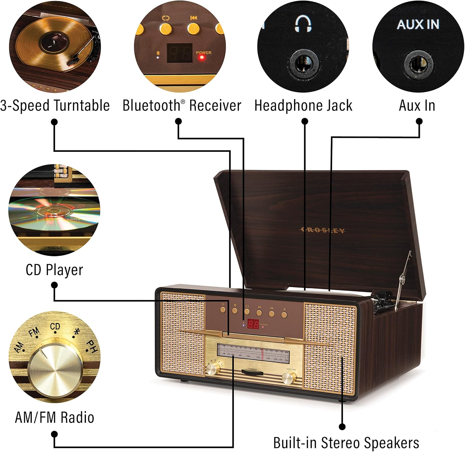 Crosley CR7016A-MA Rhapsody 7-in-1 Bluetooth 3-Speed Vinyl Record Player Turntable CD Player, AM/FM Radio, Mahogany